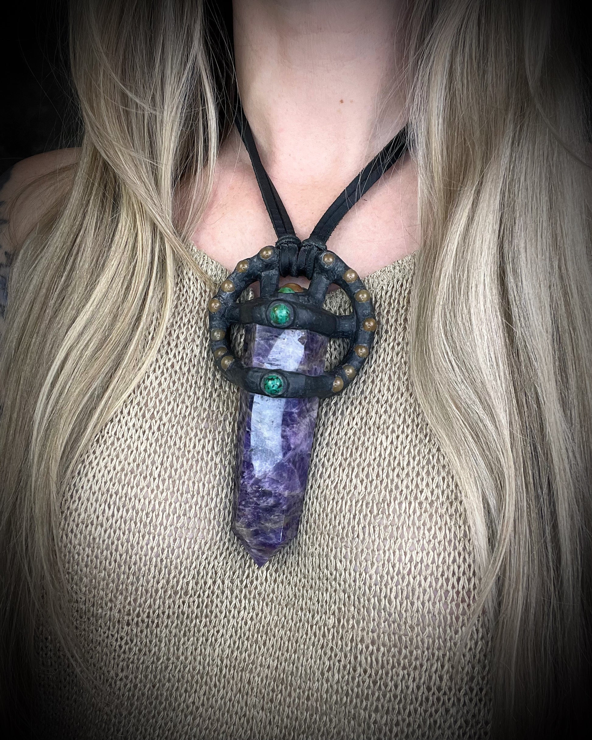 Handmade leather crystal necklace with XL amethyst point, honey jade, green chrysocolla, and handmade wire clasp by Anothai Hansen.
