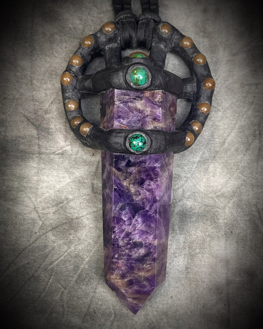 Handmade leather crystal necklace with XL amethyst point, honey jade, green chrysocolla, and handmade wire clasp by Anothai Hansen.