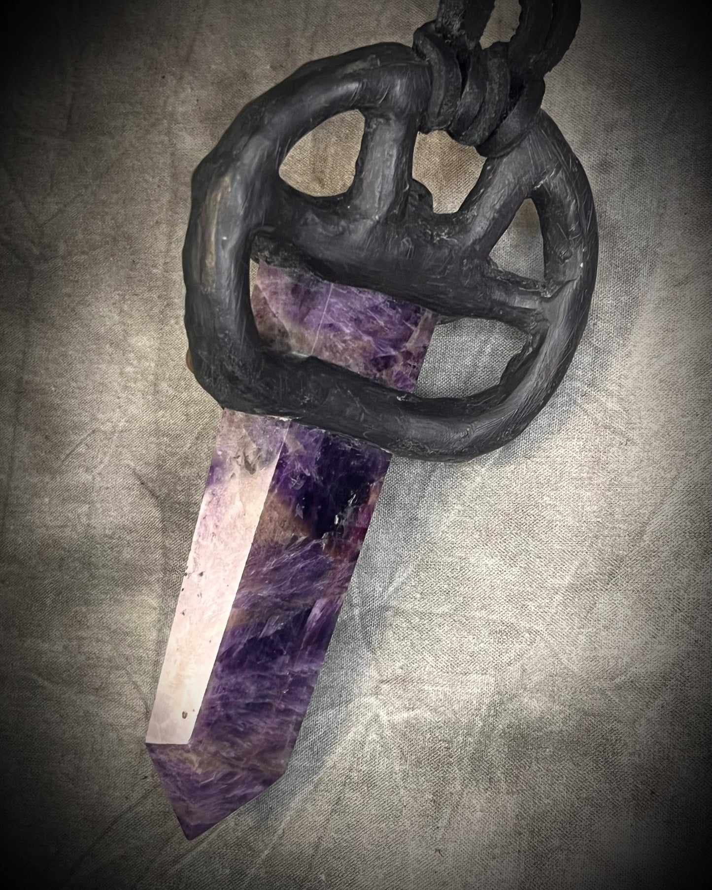 Handmade leather crystal necklace with XL amethyst point, honey jade, green chrysocolla, and handmade wire clasp by Anothai Hansen.