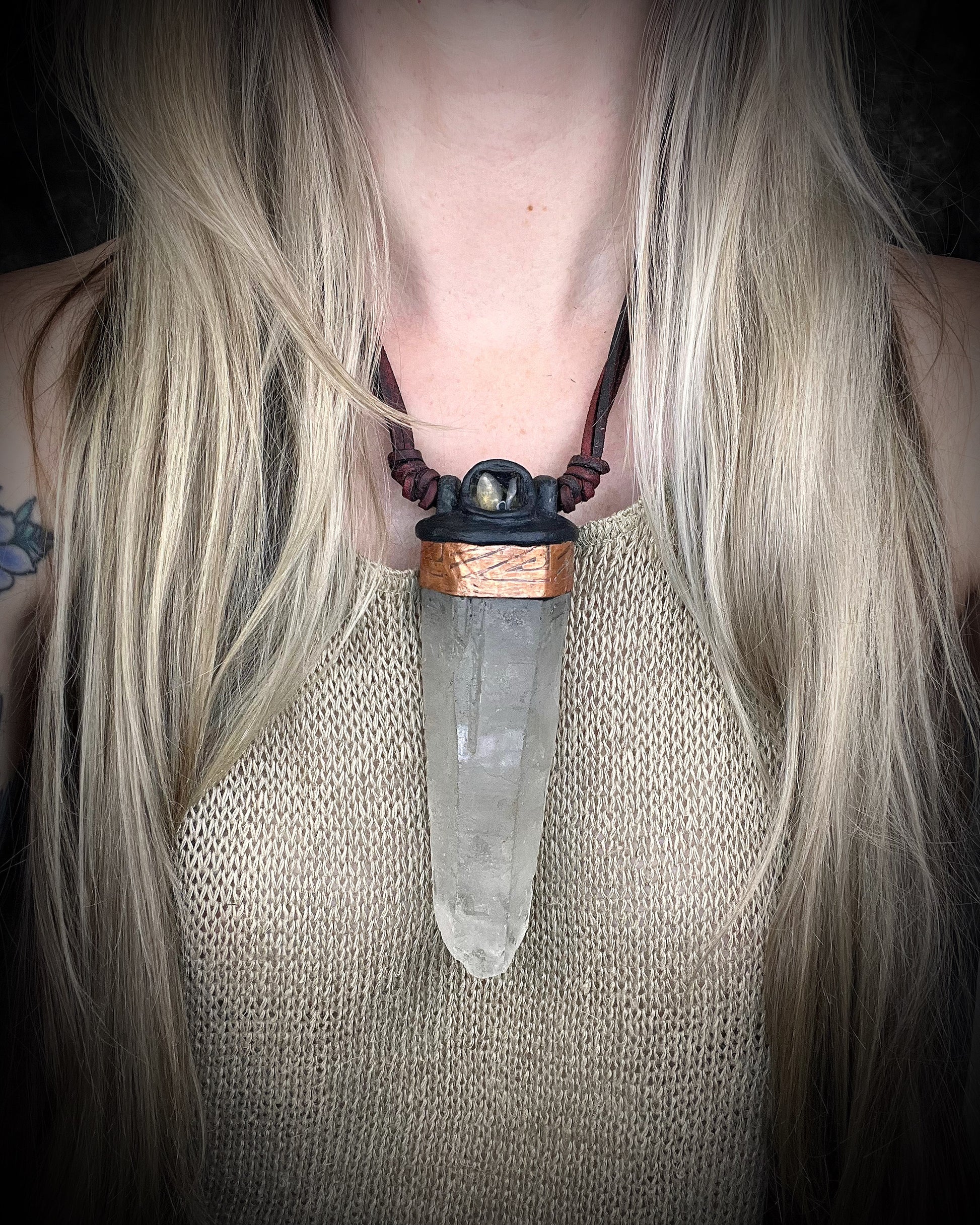 Handmade leather crystal necklace with XXL quartz point, citrine, copper details, black leather, and handmade wire clasp by Anothai Hansen.