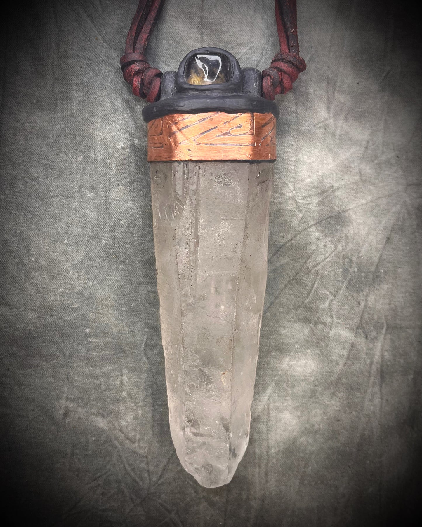 Handmade leather crystal necklace with XXL quartz point, citrine, copper details, black leather, and handmade wire clasp by Anothai Hansen.