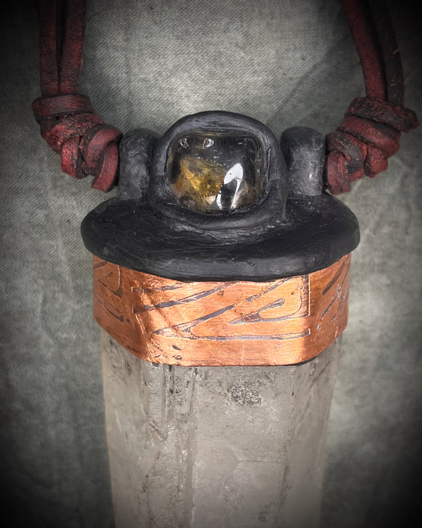 Handmade leather crystal necklace with XXL quartz point, citrine, copper details, black leather, and handmade wire clasp by Anothai Hansen.