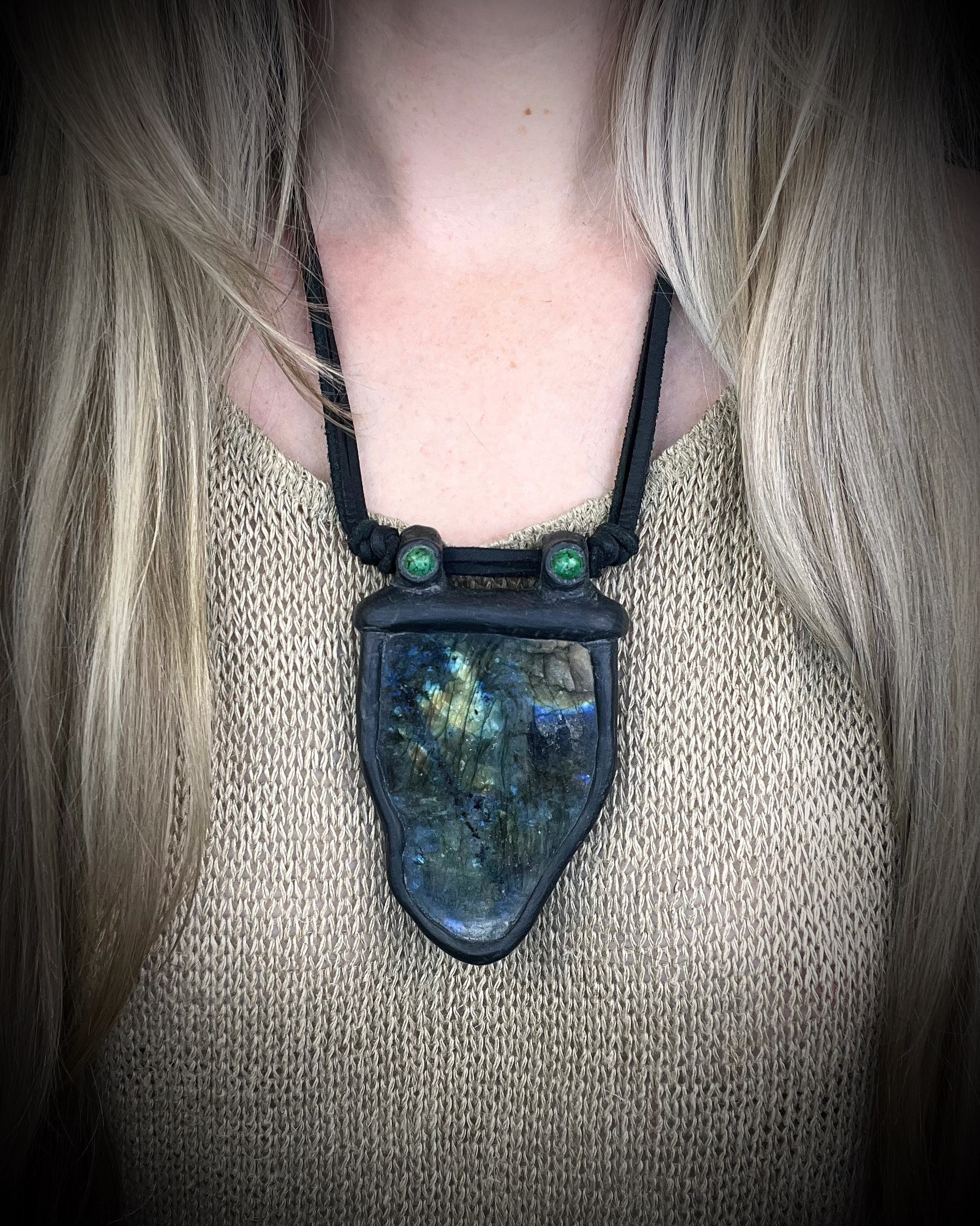 Handmade leather crystal necklace with labradorite and green chrysocolla featuring a handmade wire clasp by Anothai Hansen.