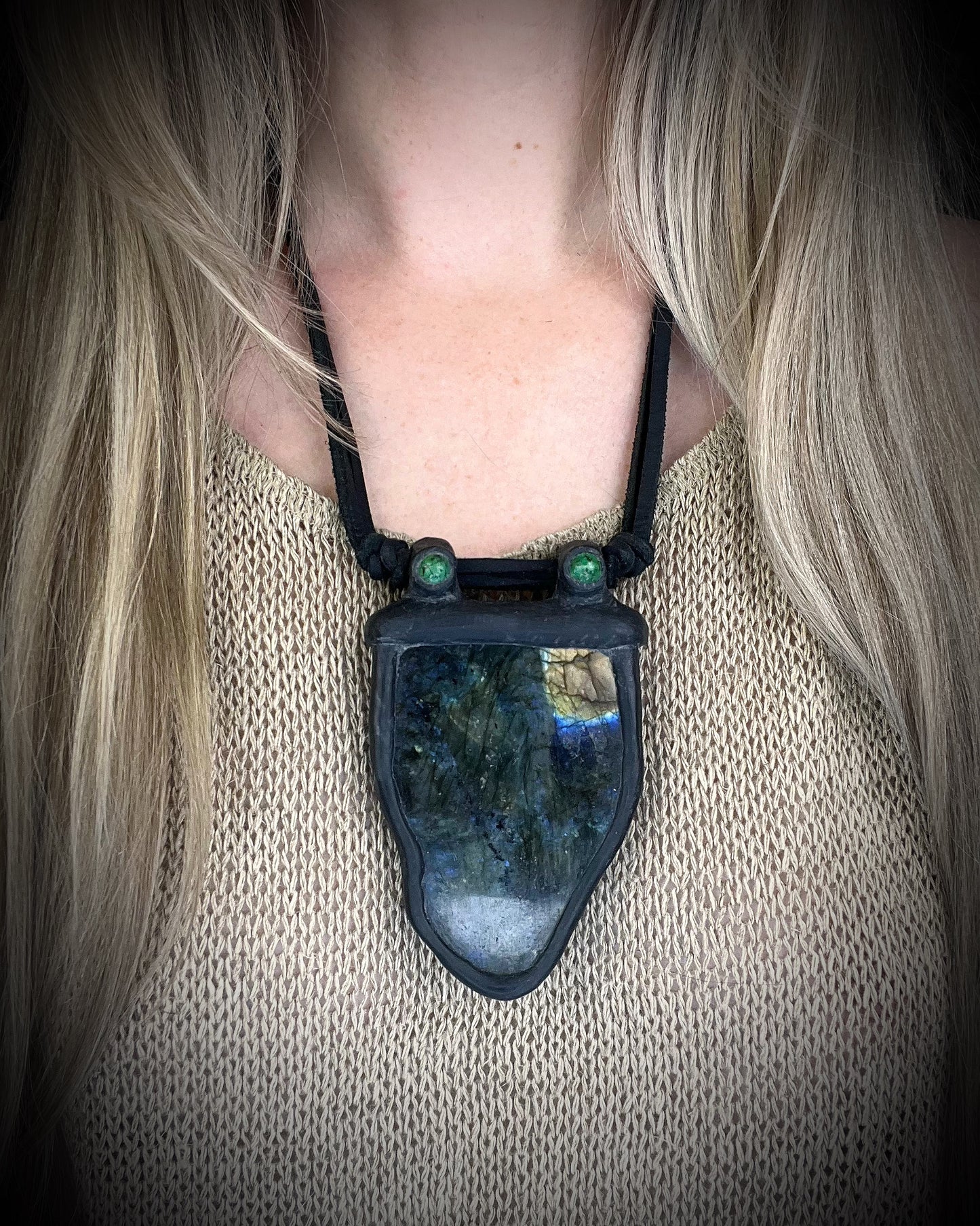 Handmade leather crystal necklace with labradorite and green chrysocolla featuring a handmade wire clasp by Anothai Hansen.