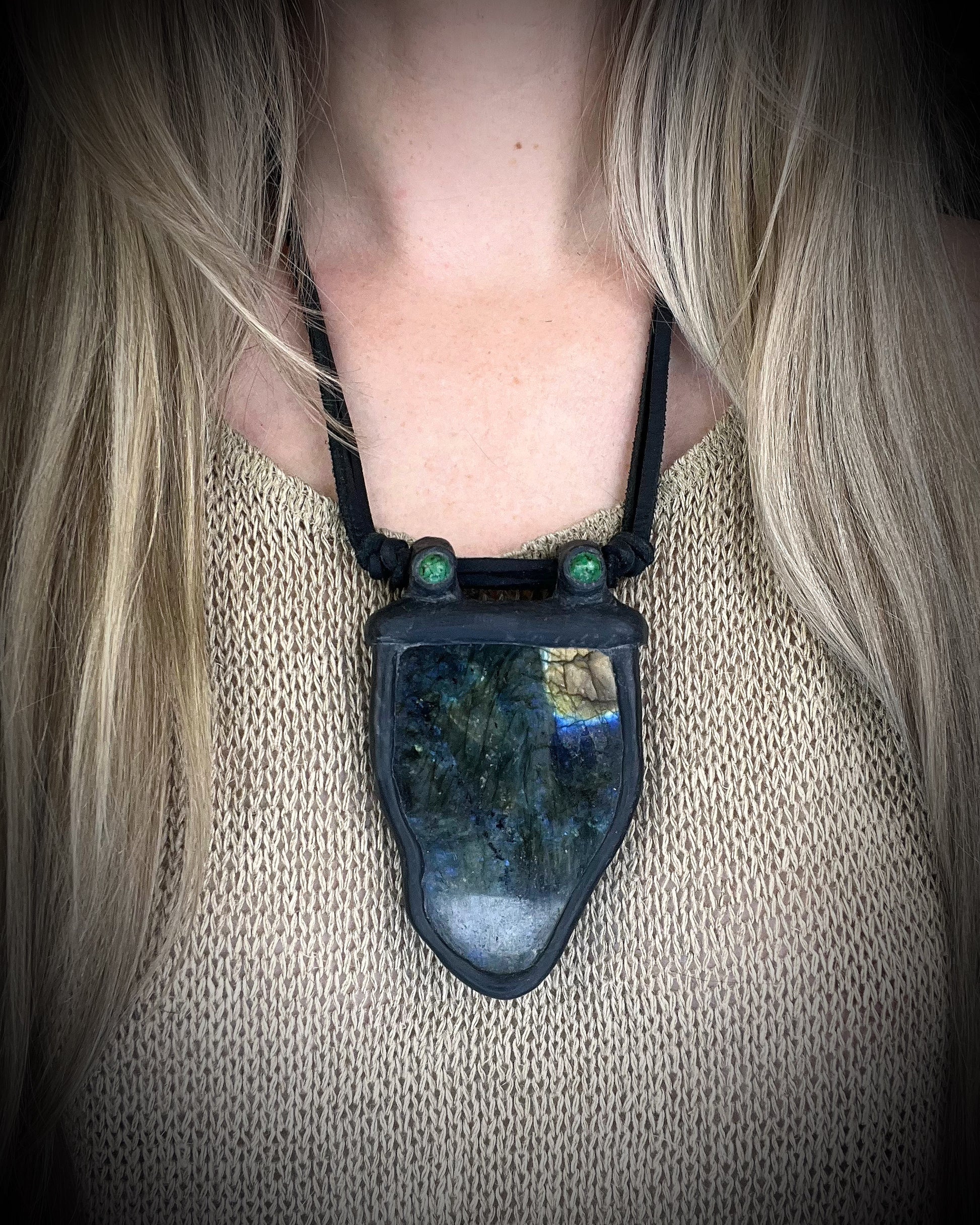 Handmade leather crystal necklace with labradorite and green chrysocolla featuring a handmade wire clasp by Anothai Hansen.
