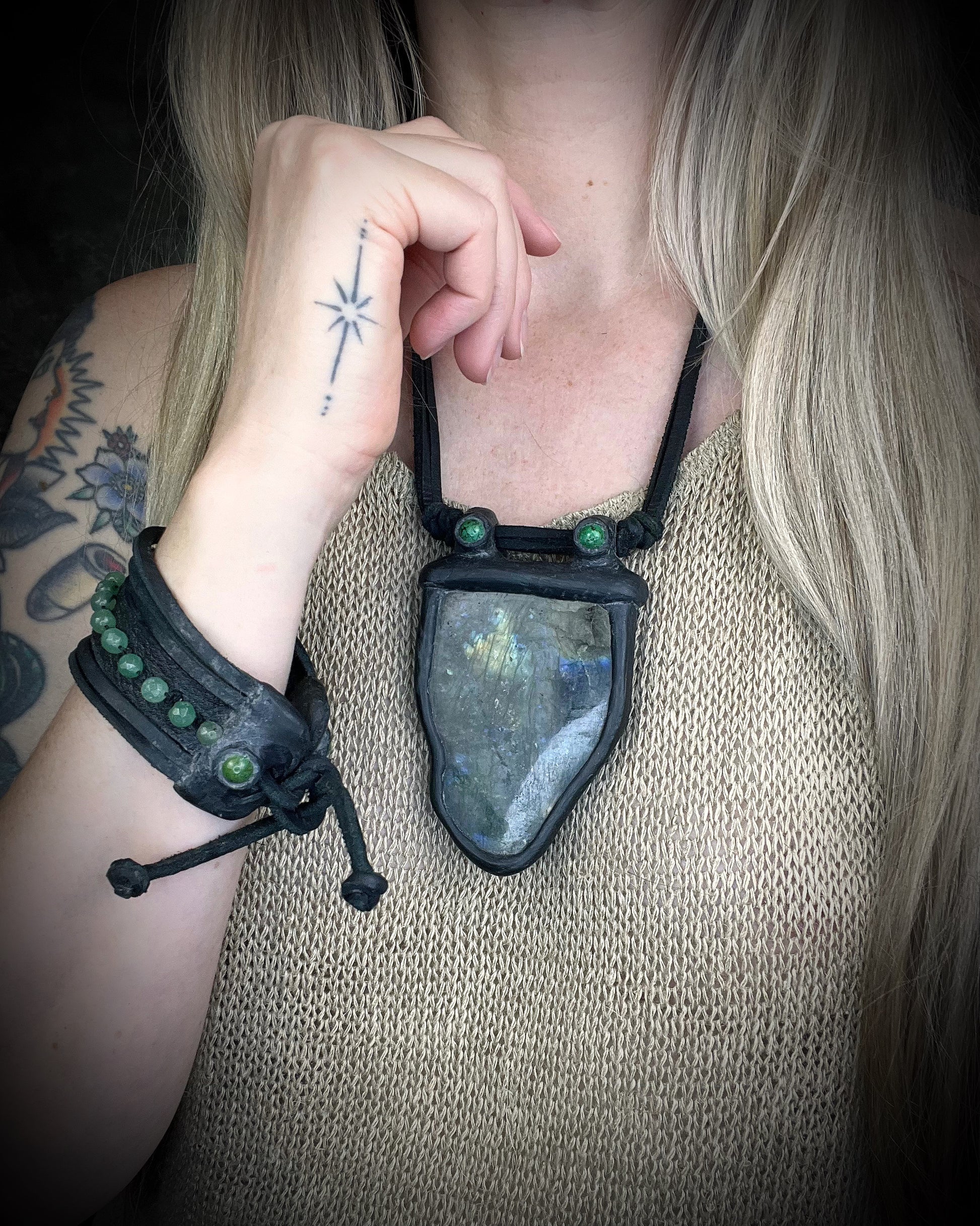 Handmade leather crystal necklace with labradorite and green chrysocolla featuring a handmade wire clasp by Anothai Hansen.