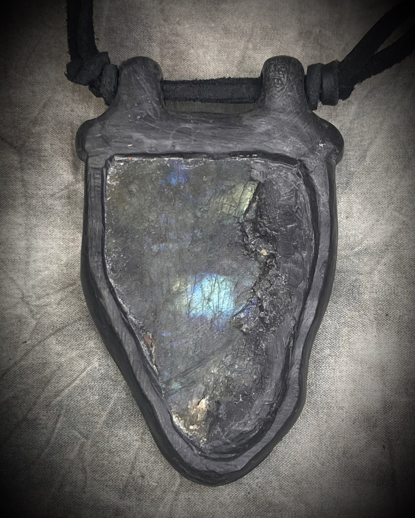 Handmade leather crystal necklace with labradorite and green chrysocolla featuring a handmade wire clasp by Anothai Hansen.