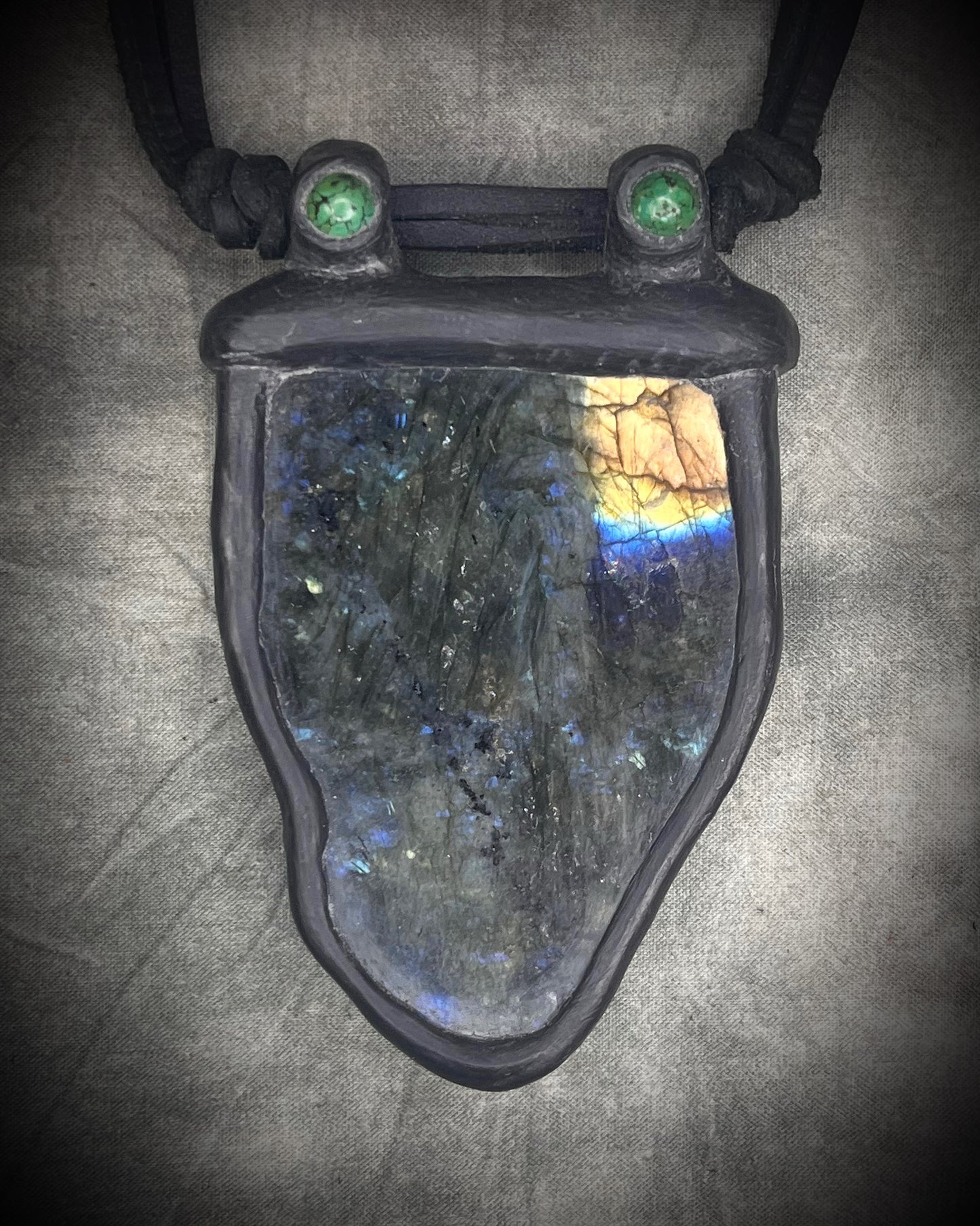 Handmade leather crystal necklace with labradorite and green chrysocolla featuring a handmade wire clasp by Anothai Hansen.