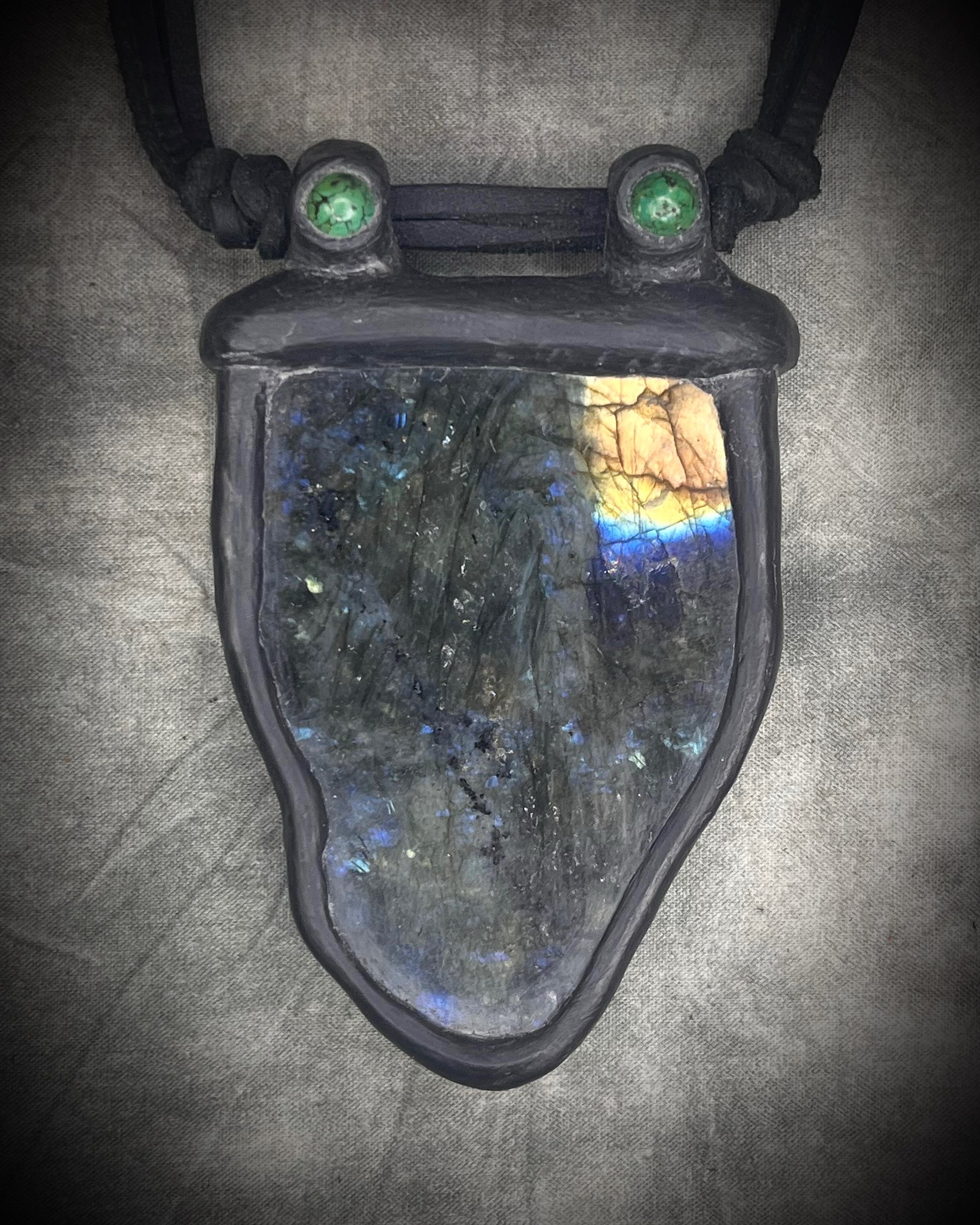 Handmade leather crystal necklace with labradorite and green chrysocolla featuring a handmade wire clasp by Anothai Hansen.