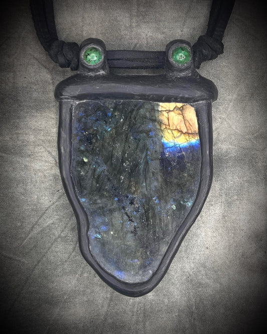 Handmade leather crystal necklace with labradorite and green chrysocolla featuring a handmade wire clasp by Anothai Hansen.