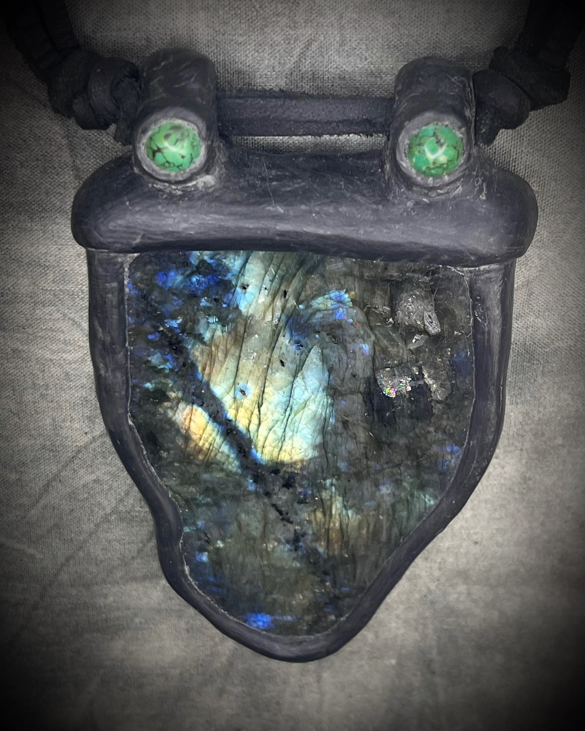Handmade leather crystal necklace with labradorite and green chrysocolla featuring a handmade wire clasp by Anothai Hansen.