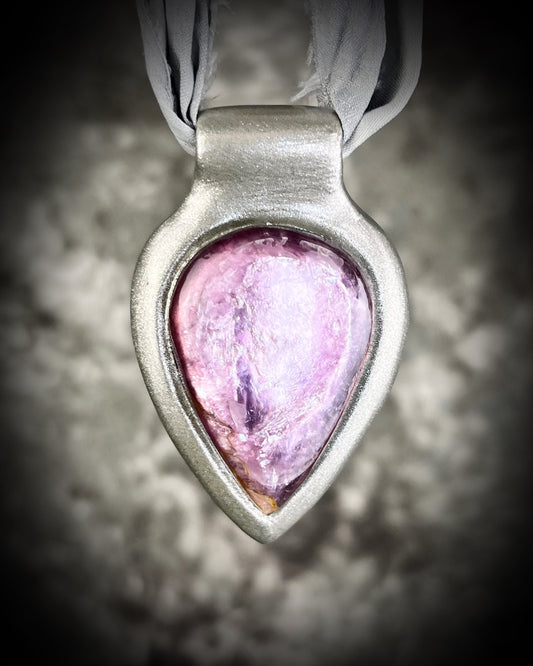 Handmade lepidolite anti-anxiety designer crystal necklace in a silver finish strung from grey recycled silk.  Perfect for valentines gift or self-love.