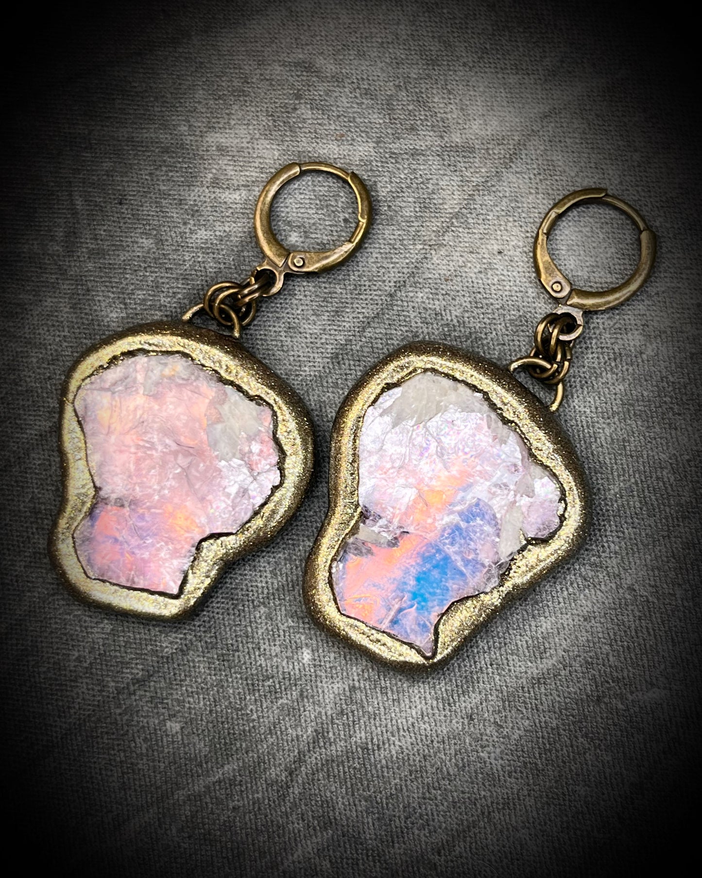 Handmade lepidolite crystal earrings with soft purple gemstone stones on gold finish hypoallergenic brass huggie hooks, created by Baltimore crystal jewelry artist Become Spellbound.