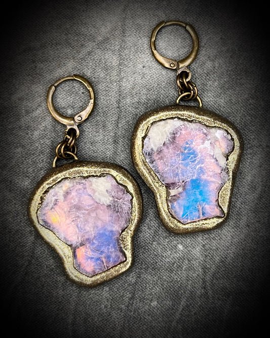 Handmade lepidolite crystal earrings with soft purple gemstone stones on gold finish hypoallergenic brass huggie hooks, created by Baltimore crystal jewelry artist Become Spellbound.