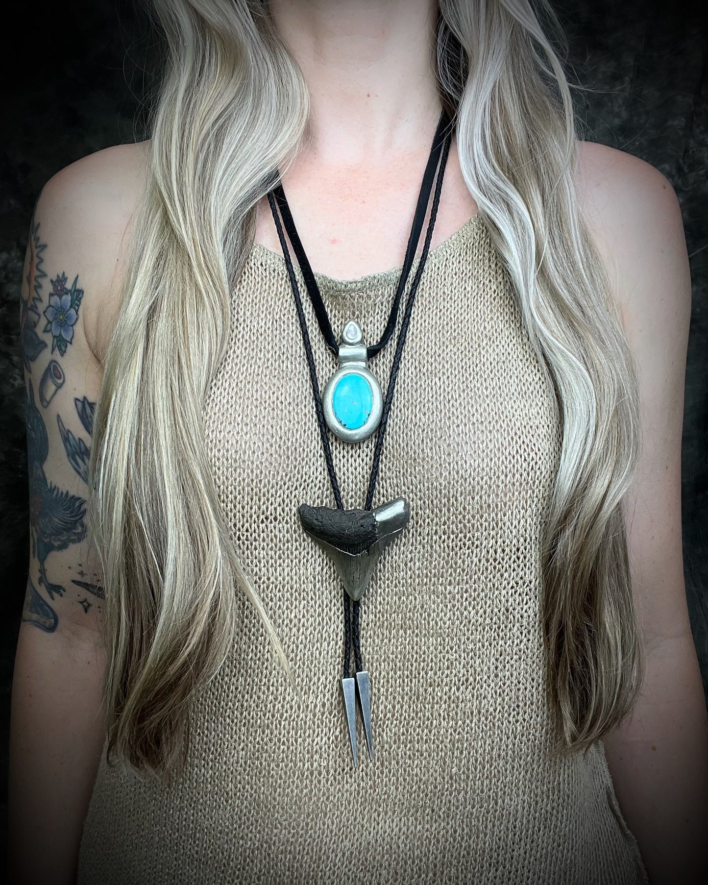 Handmade turquoise and moonstone crystal necklace suspended from leather, featuring natural turquoise and luminous moonstone, artisan jewelry by Become Spellbound.