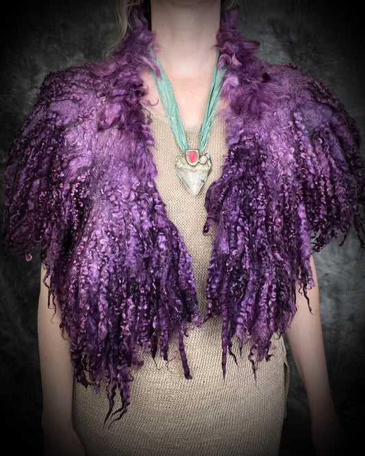 Handmade wooly felted merino collar in a vibrant purple color. Curly renaissance festival, cosplay or photoshoot cape accessory for her, 