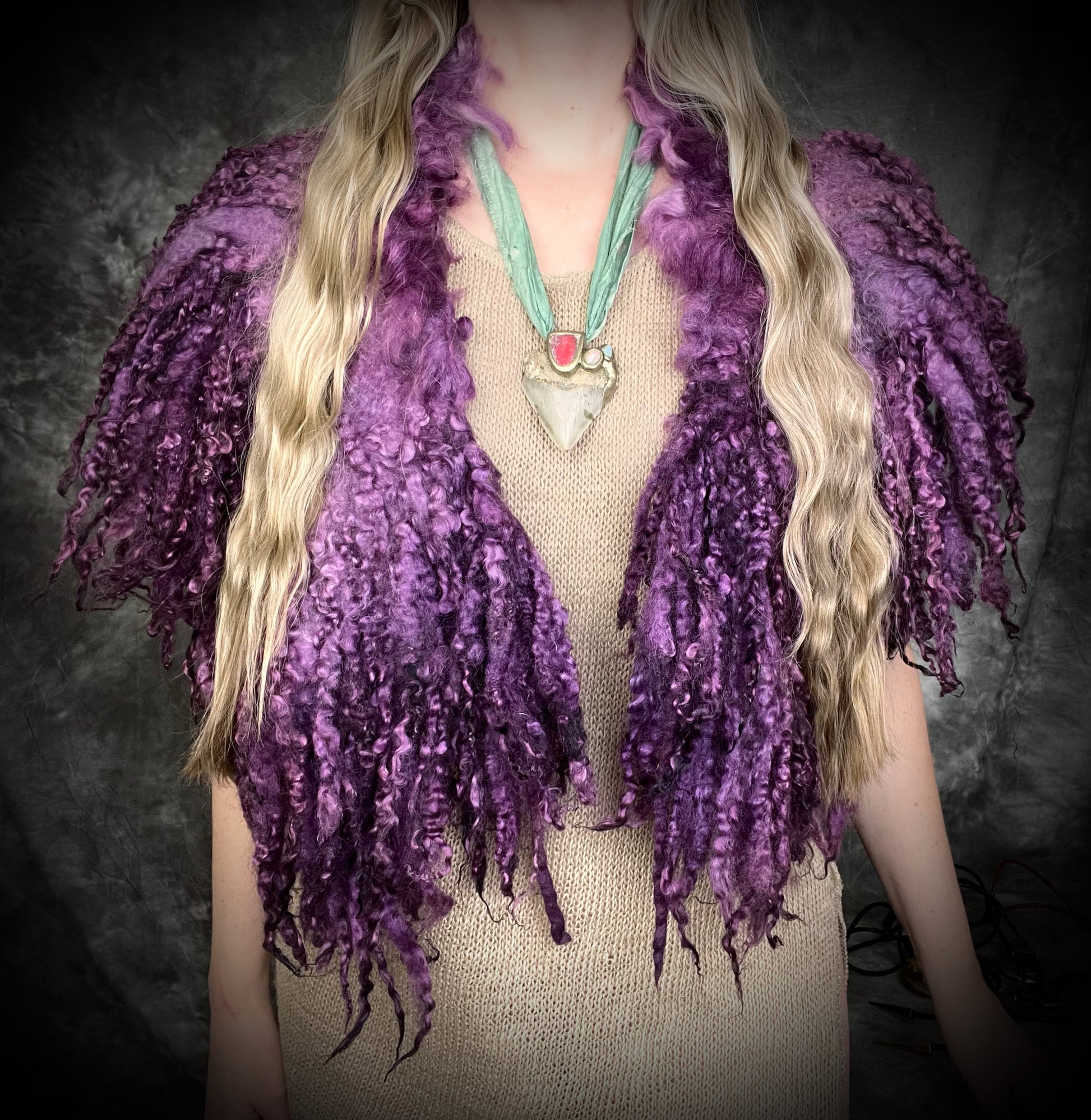 Handmade wooly felted merino collar in a vibrant purple color. Curly renaissance festival, cosplay or photoshoot cape accessory for her, 