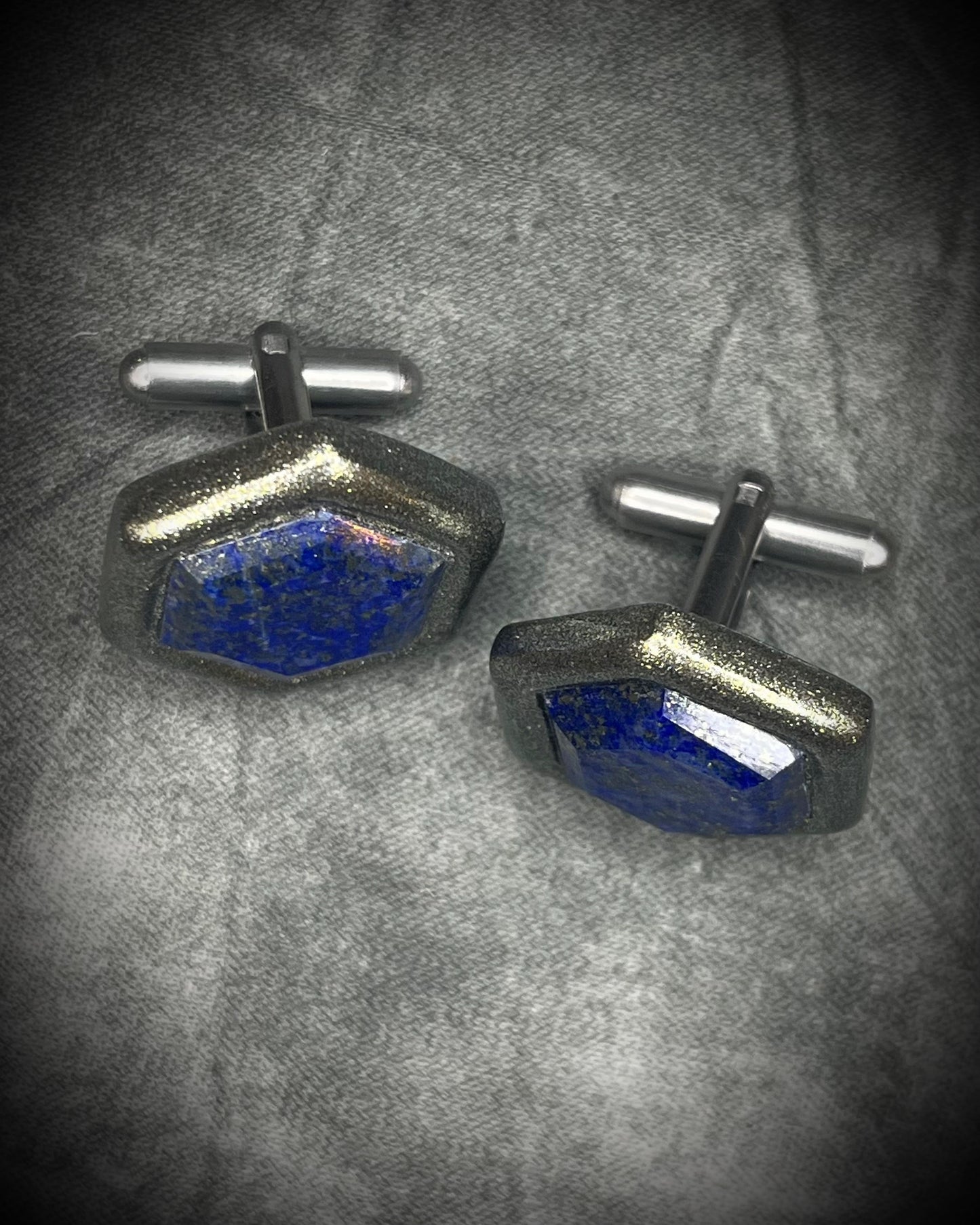 Hexagon-shaped lapis lazuli cufflinks with deep blue natural stone and stainless steel findings, handmade by Become Spellbound.