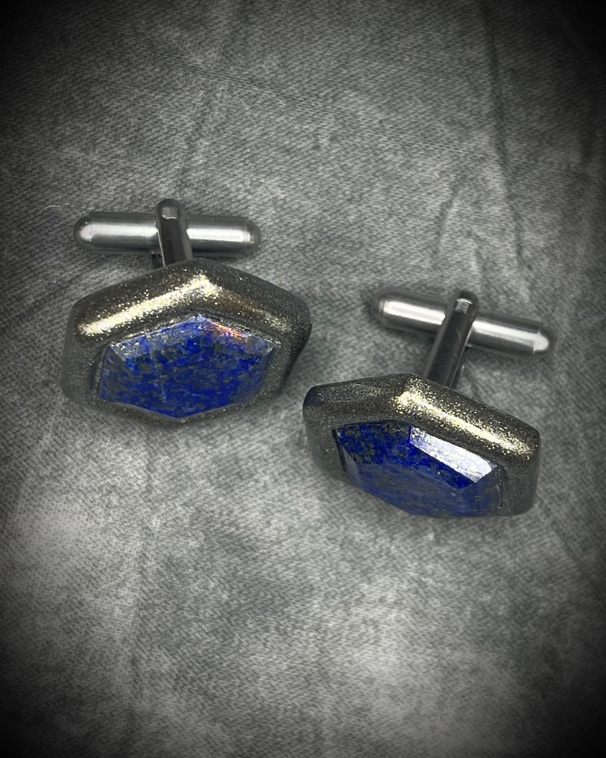 Hexagon-shaped lapis lazuli cufflinks with deep blue natural stone and stainless steel findings, handmade by Become Spellbound.