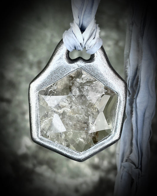 Quartz hexagon handmade star of david, crystal healing necklace.  Silver crystal necklace on grey recycled silks.  Spiritual quartz hexagon pendant. Eco-friendly festival jewelry.