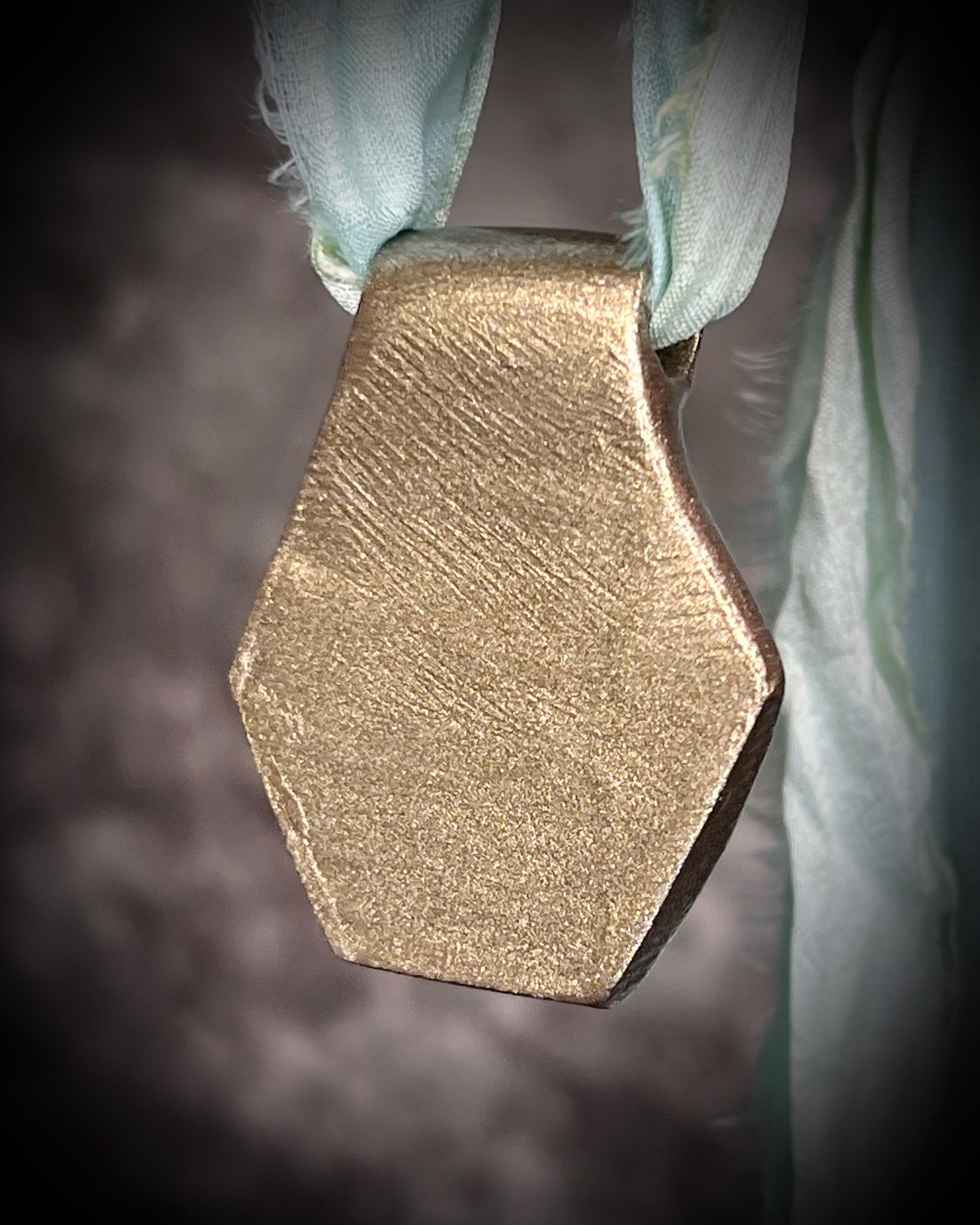 Hexagonal gold pendant on a light blue ribbon in a gold finish. Quartz crystal glowing opalescent beachy pendant. Summer jewelry gift for her. 