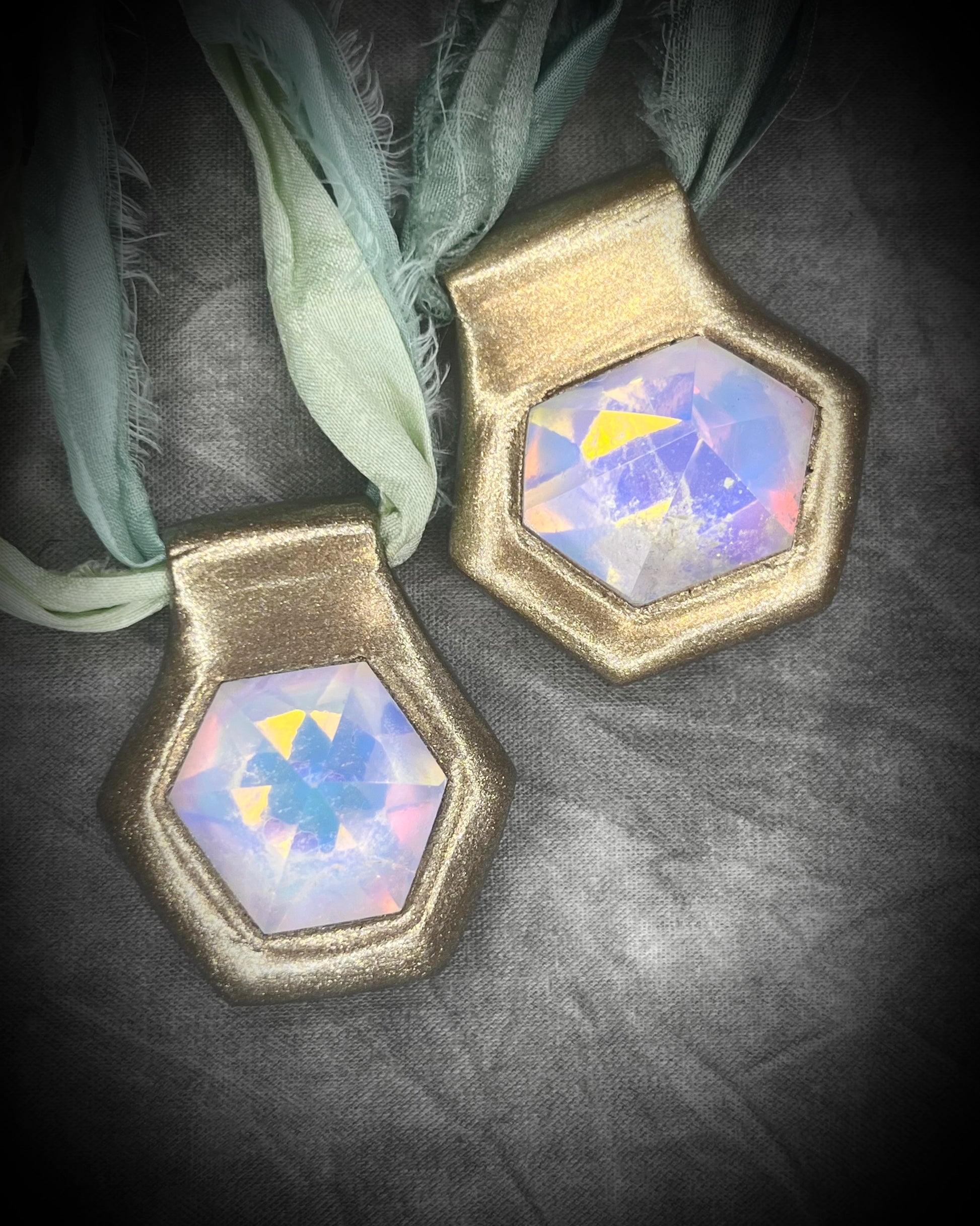 Hexagonal gold pendants on aqua recycled silks in a gold finish. Quartz crystal glowing opalescent beachy pendant. Summer jewelry gift for her. 