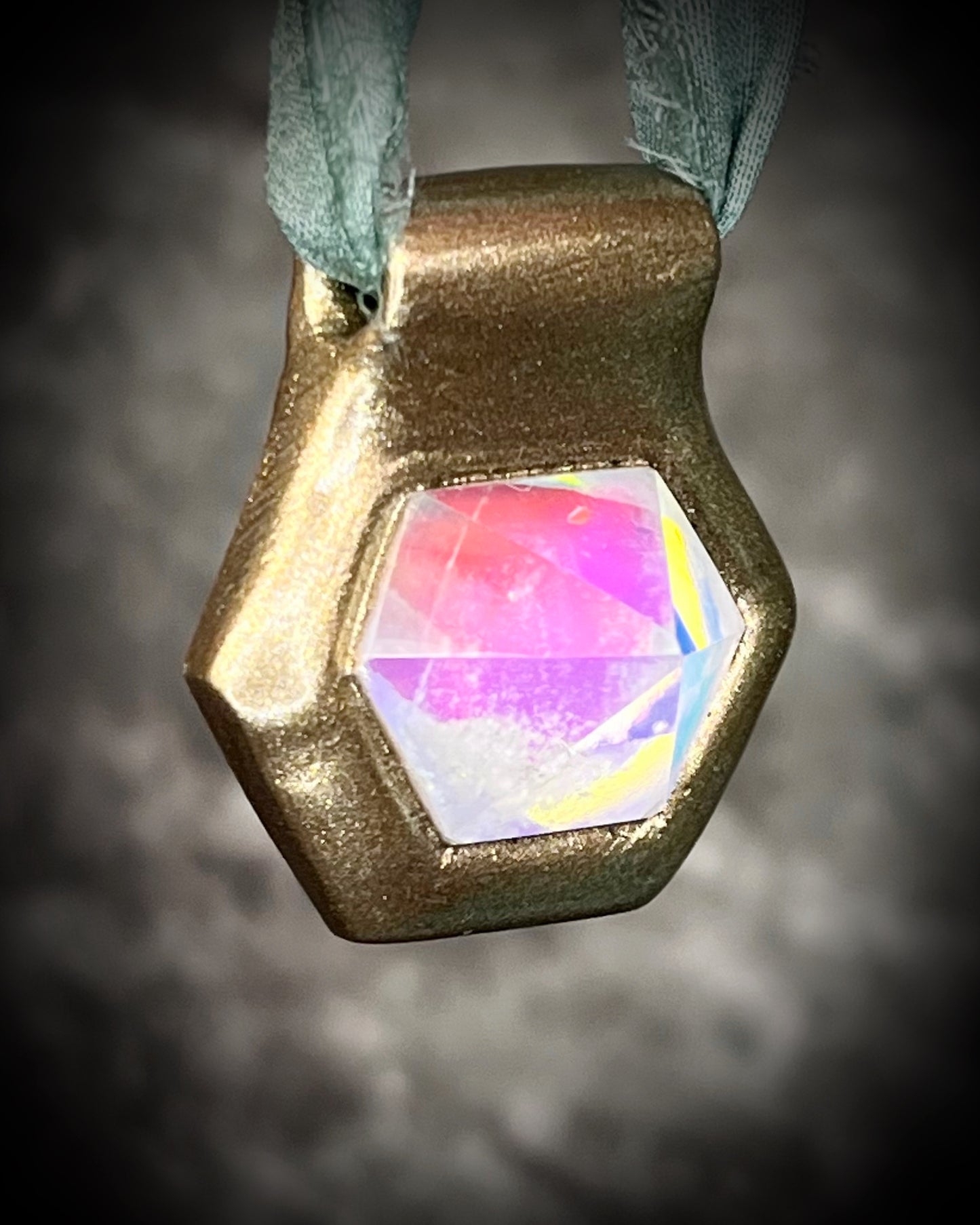 Hexagonal gold pendants on aqua recycled silks in a gold finish. Quartz crystal glowing opalescent beachy pendant. Summer jewelry gift for her.  