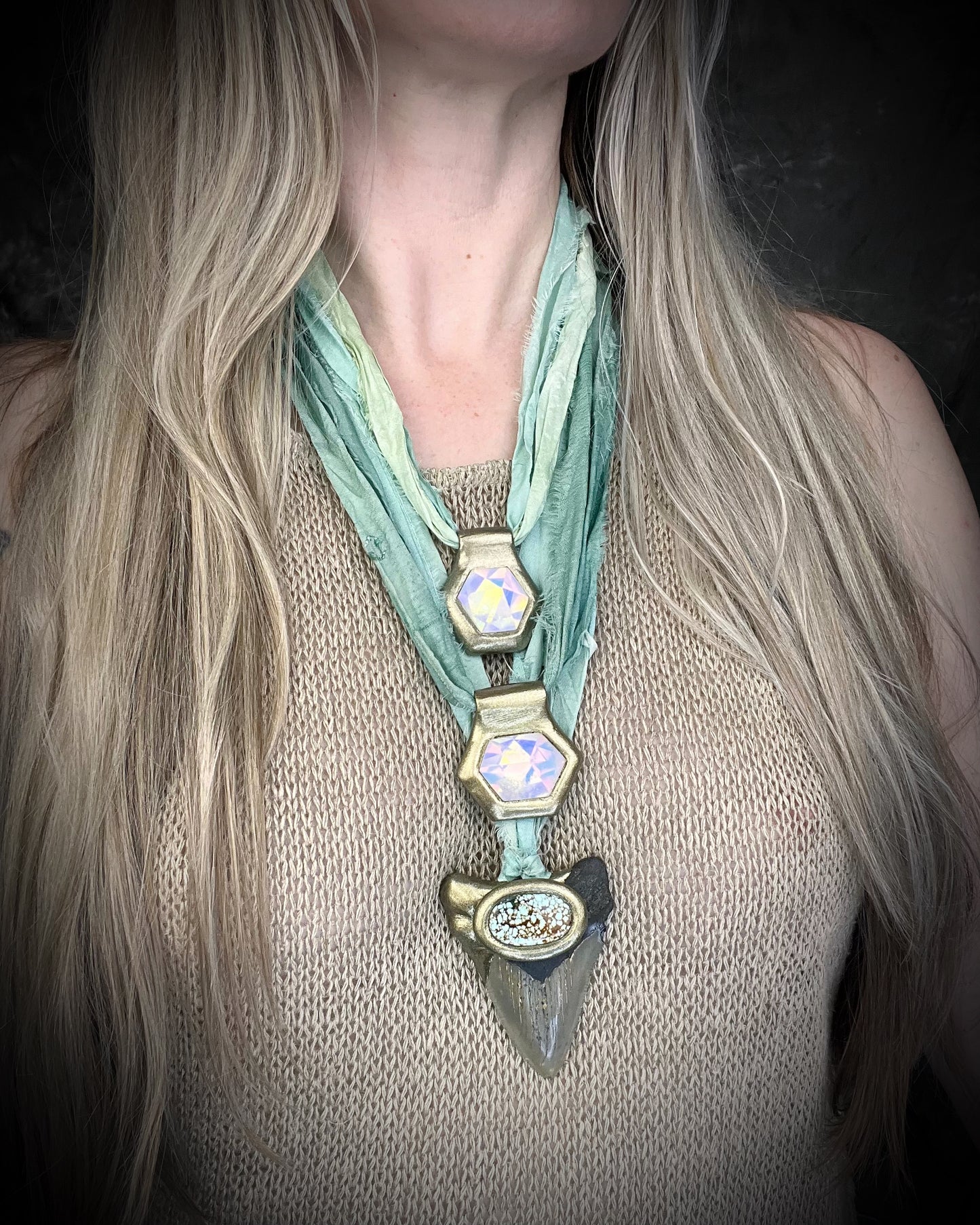 Hexagonal gold pendants on aqua recycled silks in a gold finish. Quartz crystal glowing opalescent beachy pendant. Summer jewelry gift for her. 