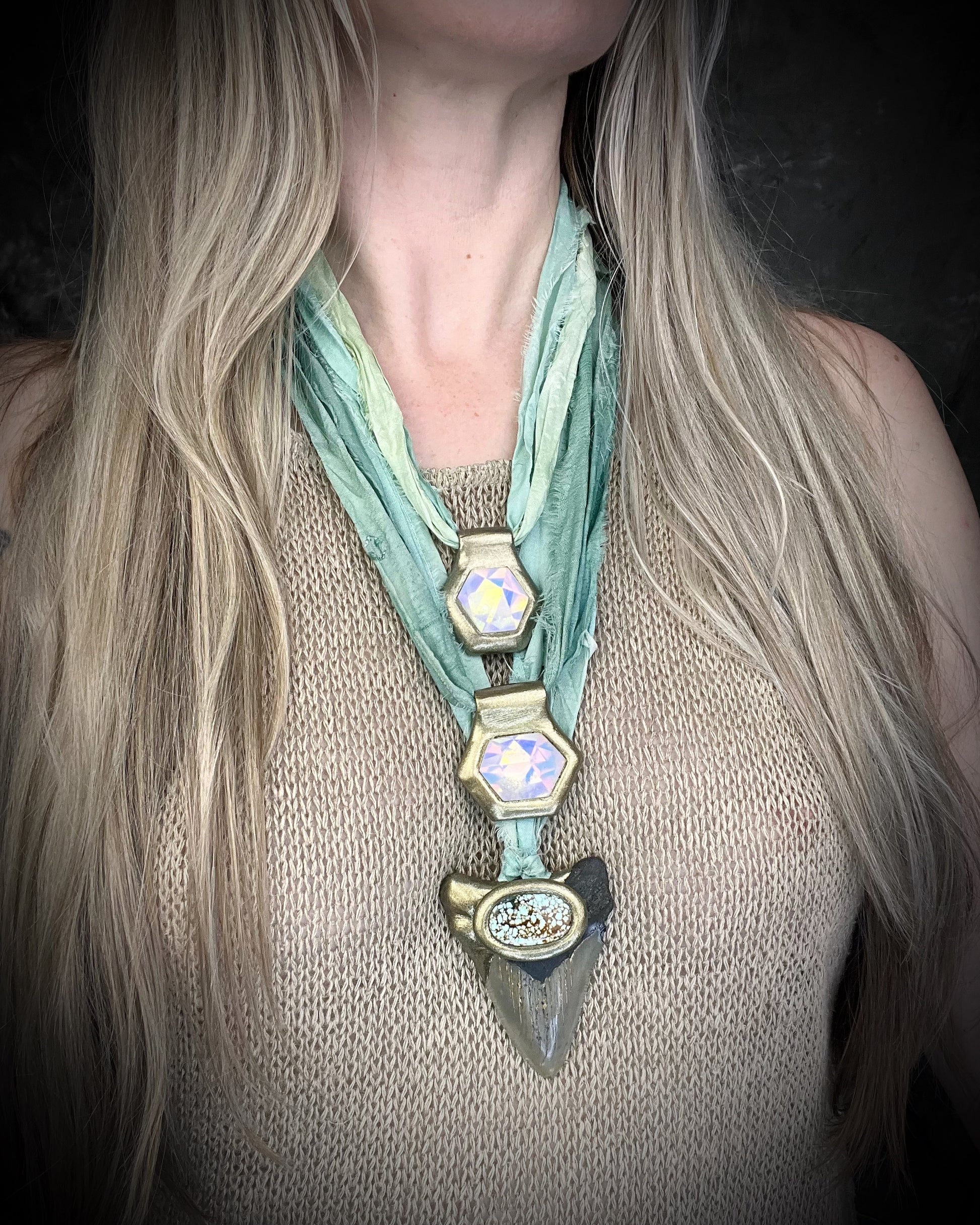 Hexagonal gold pendants on aqua recycled silks in a gold finish. Quartz crystal glowing opalescent beachy pendant. Summer jewelry gift for her. 
