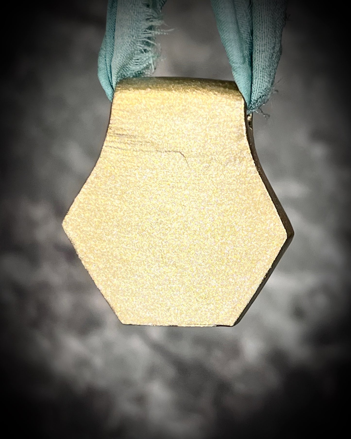 Hexagonal gold pendants on aqua recycled silks in a gold finish. Quartz crystal glowing opalescent beachy pendant. Summer jewelry gift for her. 
