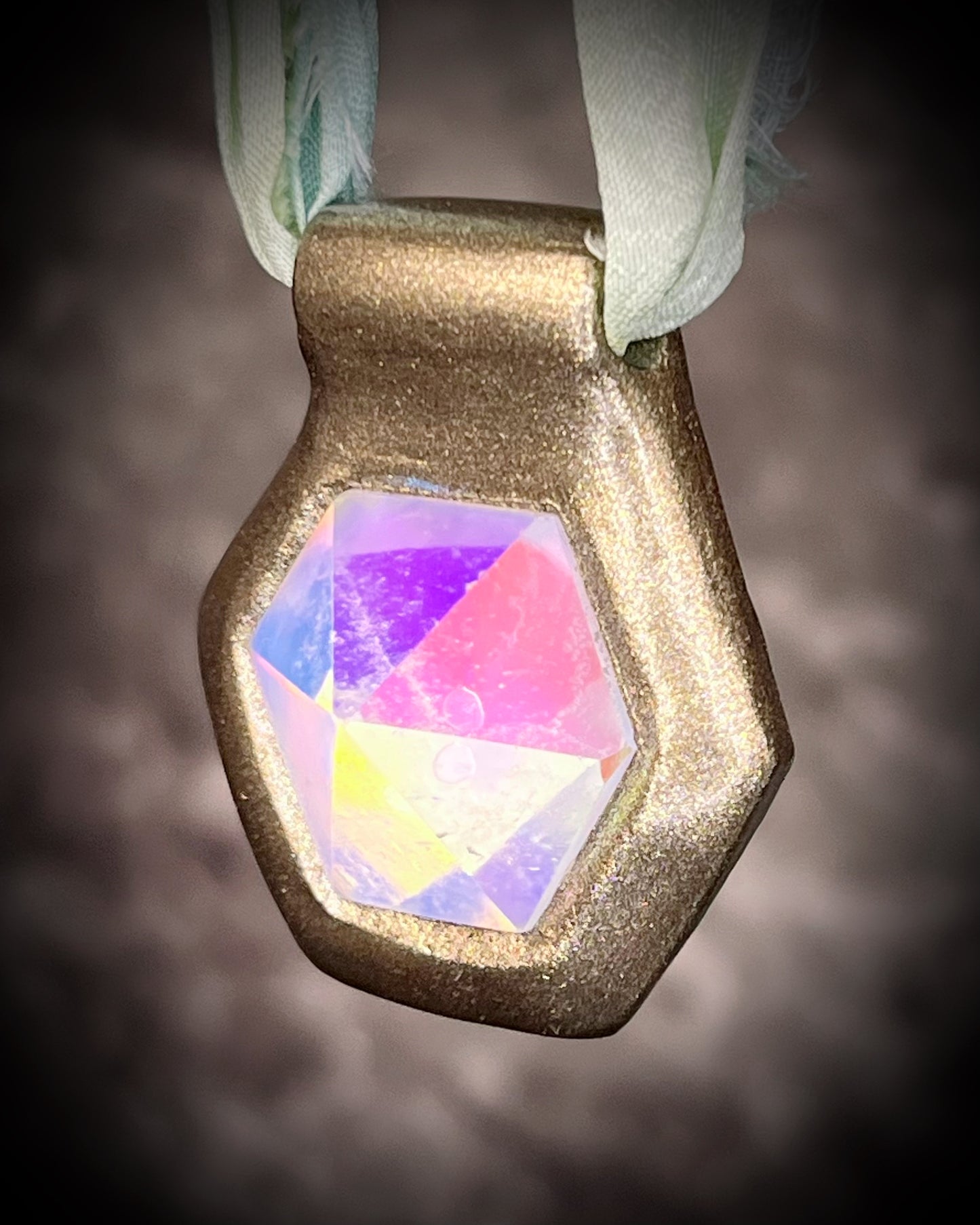 Hexagonal gold pendants on aqua recycled silks in a gold finish. Quartz crystal glowing opalescent beachy pendant. Summer jewelry gift for her. 