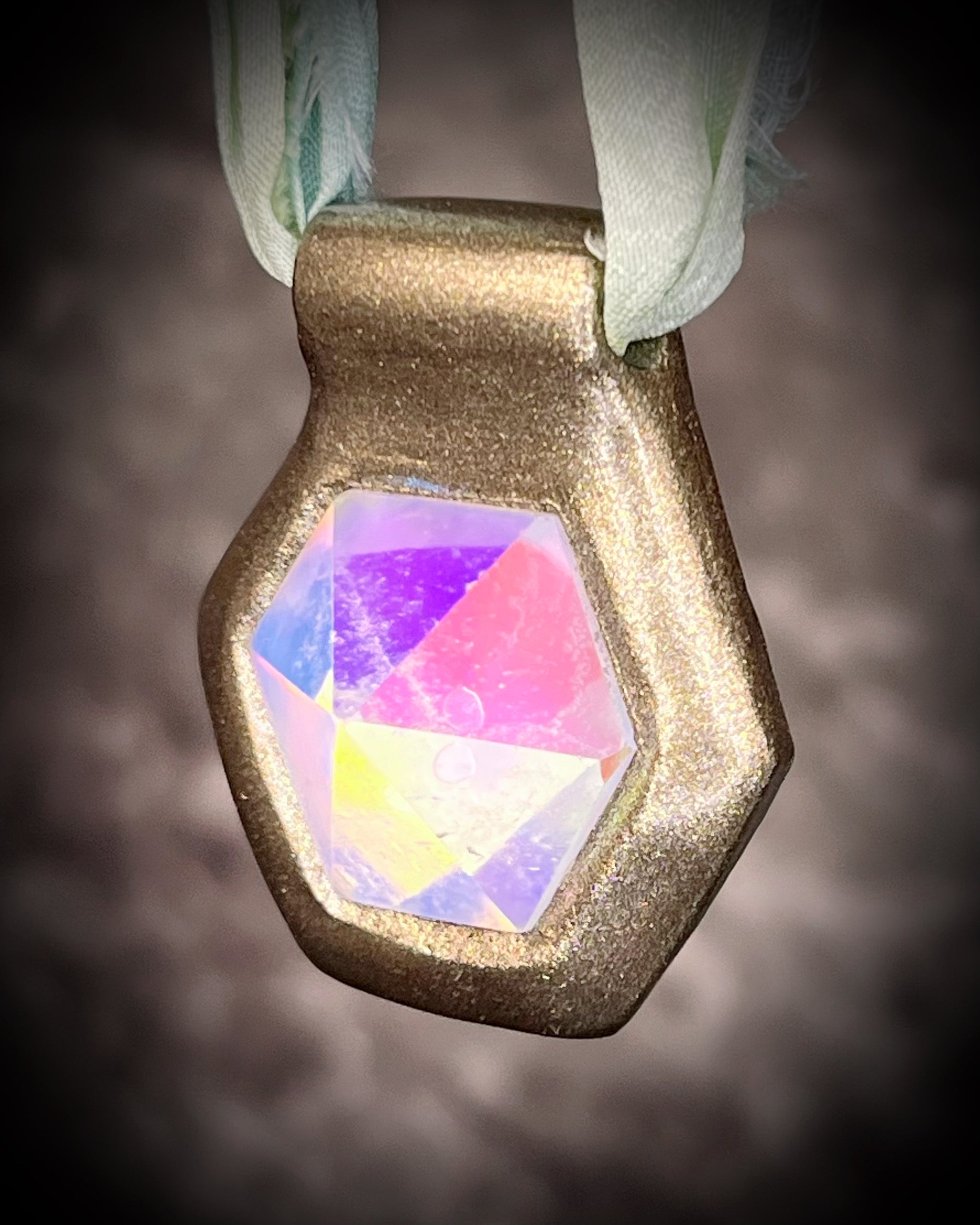 Hexagonal gold pendants on aqua recycled silks in a gold finish. Quartz crystal glowing opalescent beachy pendant. Summer jewelry gift for her. 