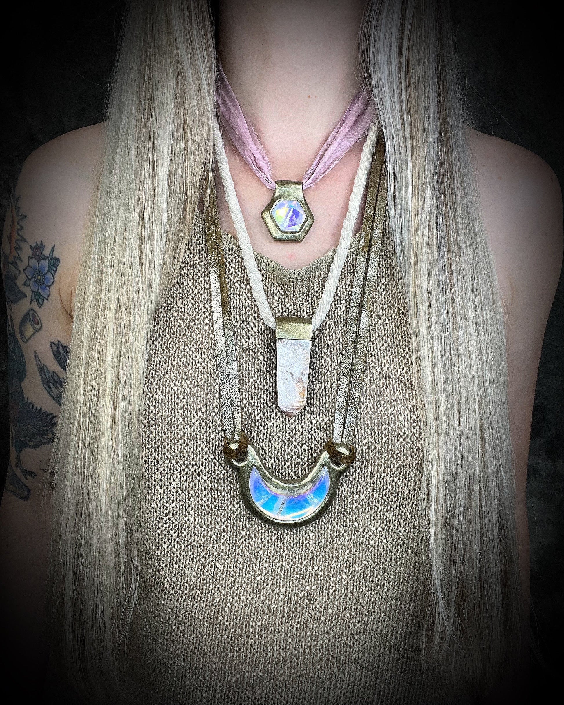 Handmade Choker worn on a model featuring natural quartz gemstone and a gold finish.