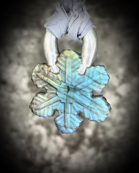 Ice Queen winter snowflake crystal necklace! Labradorite snowflake pendant in silver finish hung from rey recycled silk for a winter goddess!