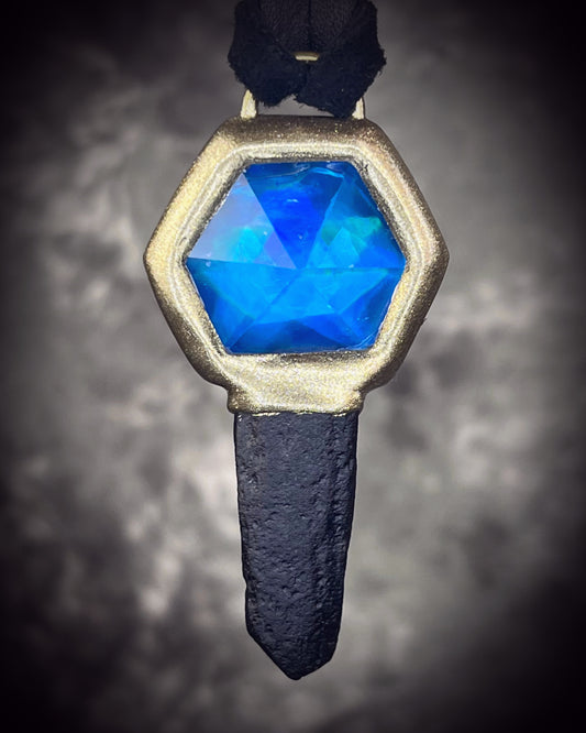 Indochinite tektite and quartz crystal talisman on leather, handmade in Baltimore, Maryland by Become Spellbound.