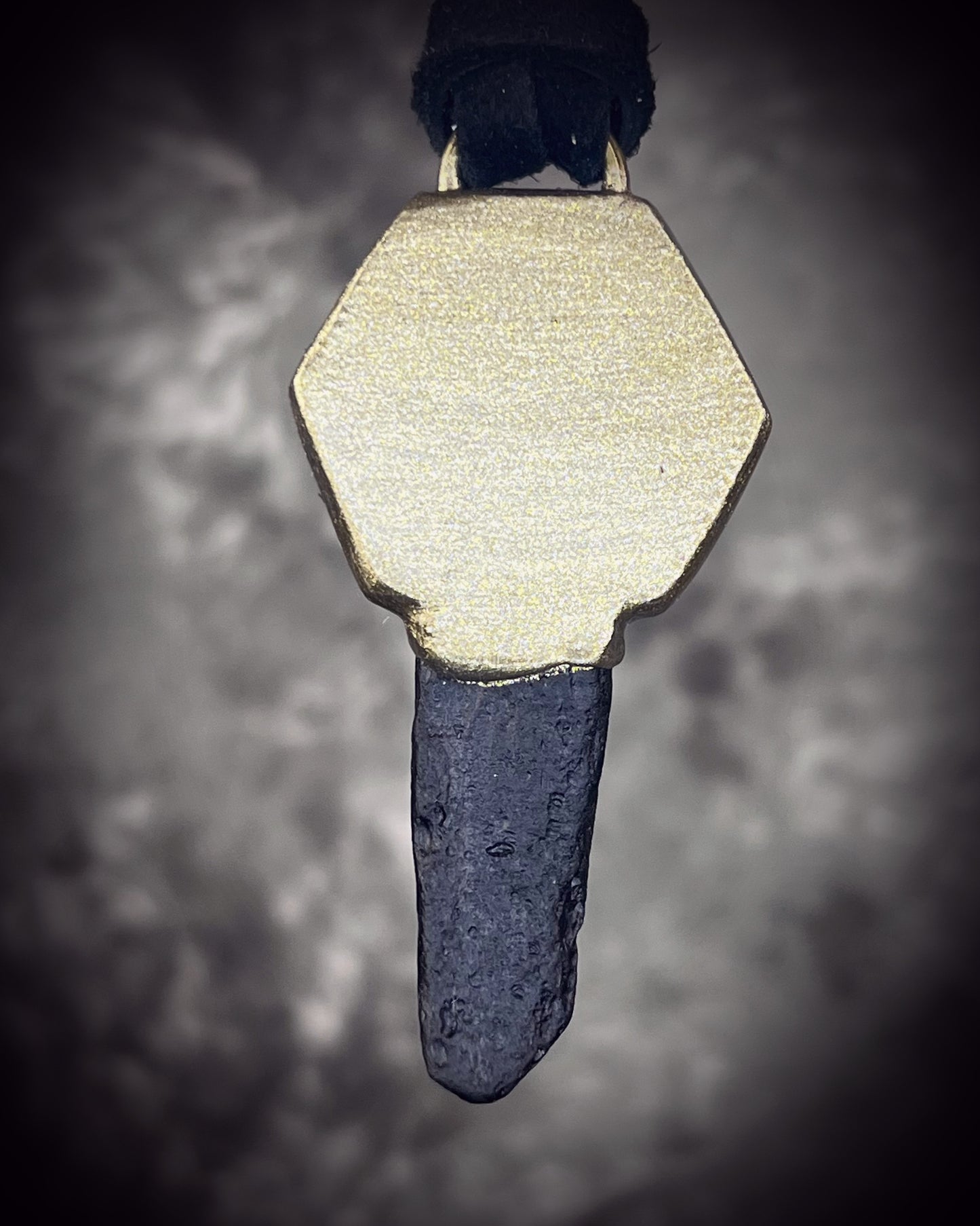 Indochinite tektite and quartz crystal talisman on leather, handmade in Baltimore, Maryland by Become Spellbound.
