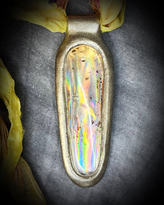  Insect included statement amber pendant in gold finish on marigold and yellow recycled silks. Enchanting ancient holiday gift for her!