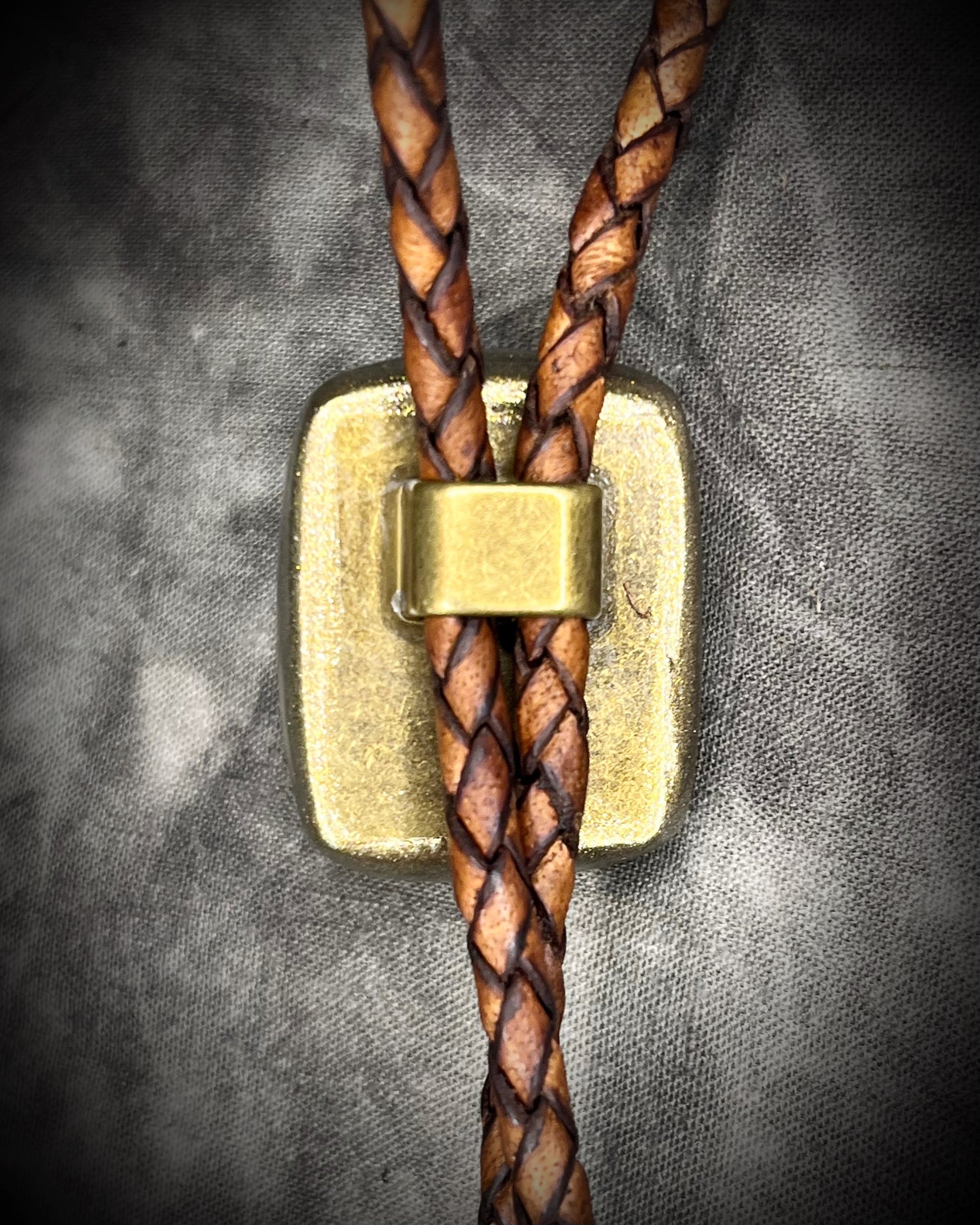 Labradorite and Quartz doublet gold bolo tie on brown leather – artisan crystal bolo necklace, mystical men’s bolo tie, handmade gemstone statement jewelry.