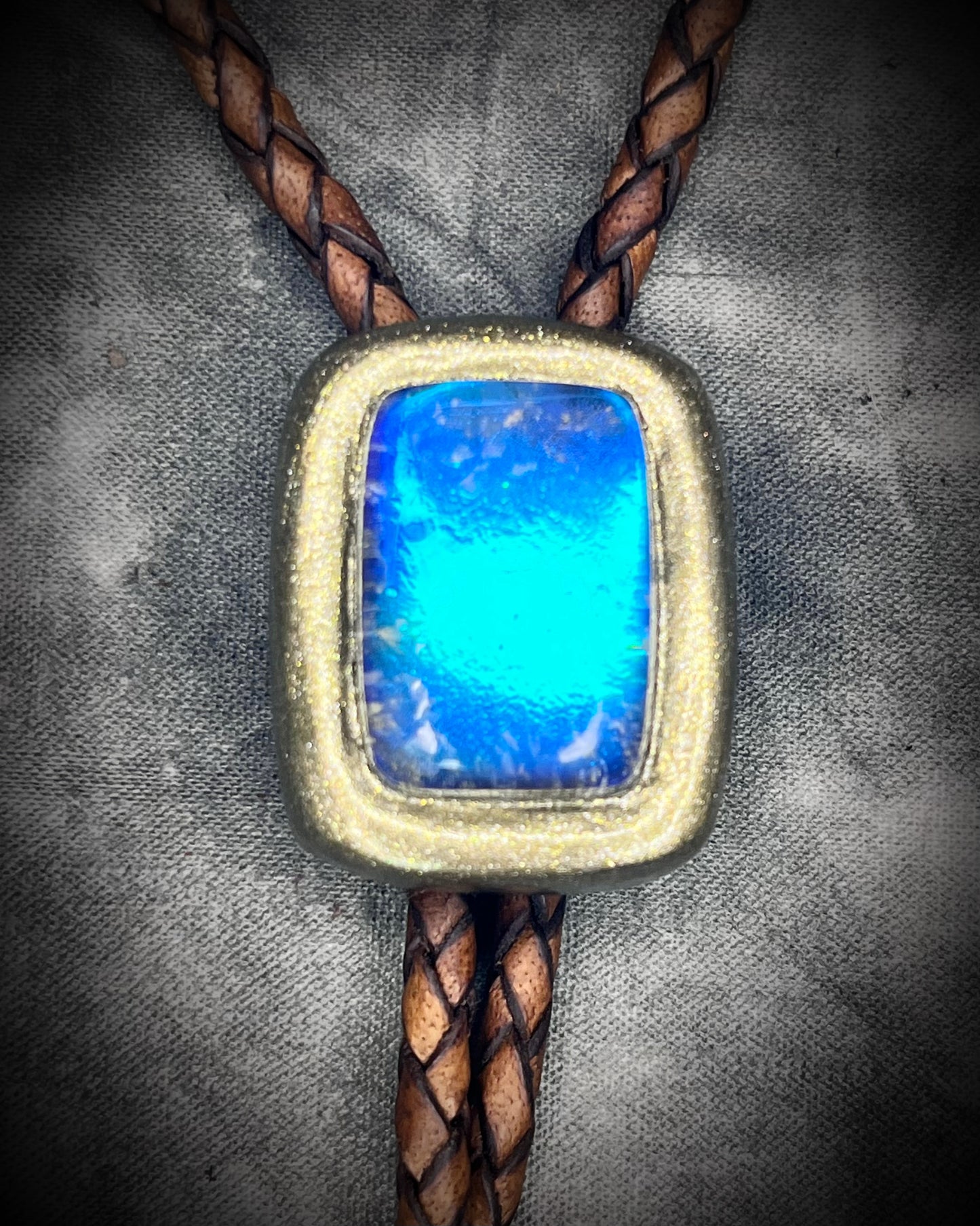 Labradorite and Quartz doublet gold bolo tie on brown leather – artisan crystal bolo necklace, mystical men’s bolo tie, handmade gemstone statement jewelry.