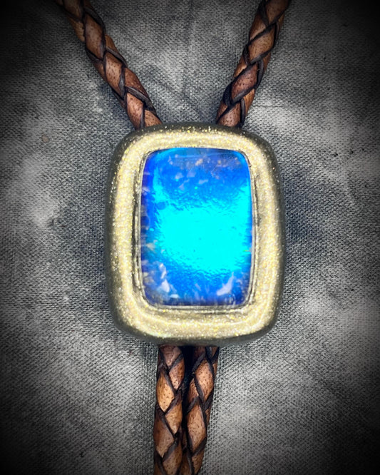 Labradorite and Quartz doublet gold bolo tie on brown leather – artisan crystal bolo necklace, mystical men’s bolo tie, handmade gemstone statement jewelry.