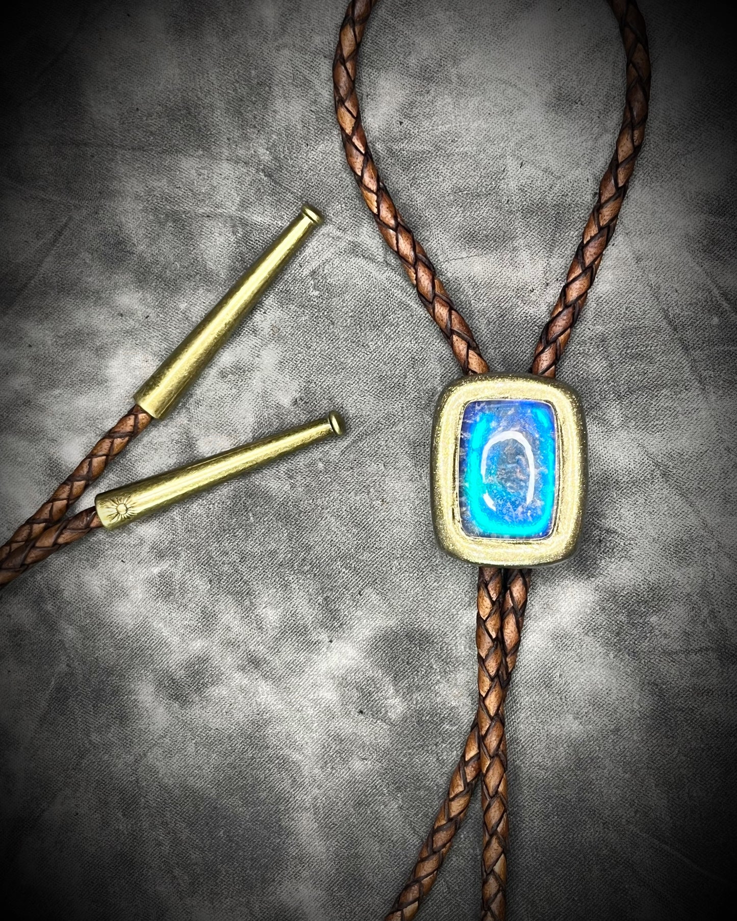 Labradorite and Quartz doublet gold bolo tie on brown leather – artisan crystal bolo necklace, mystical men’s bolo tie, handmade gemstone statement jewelry.