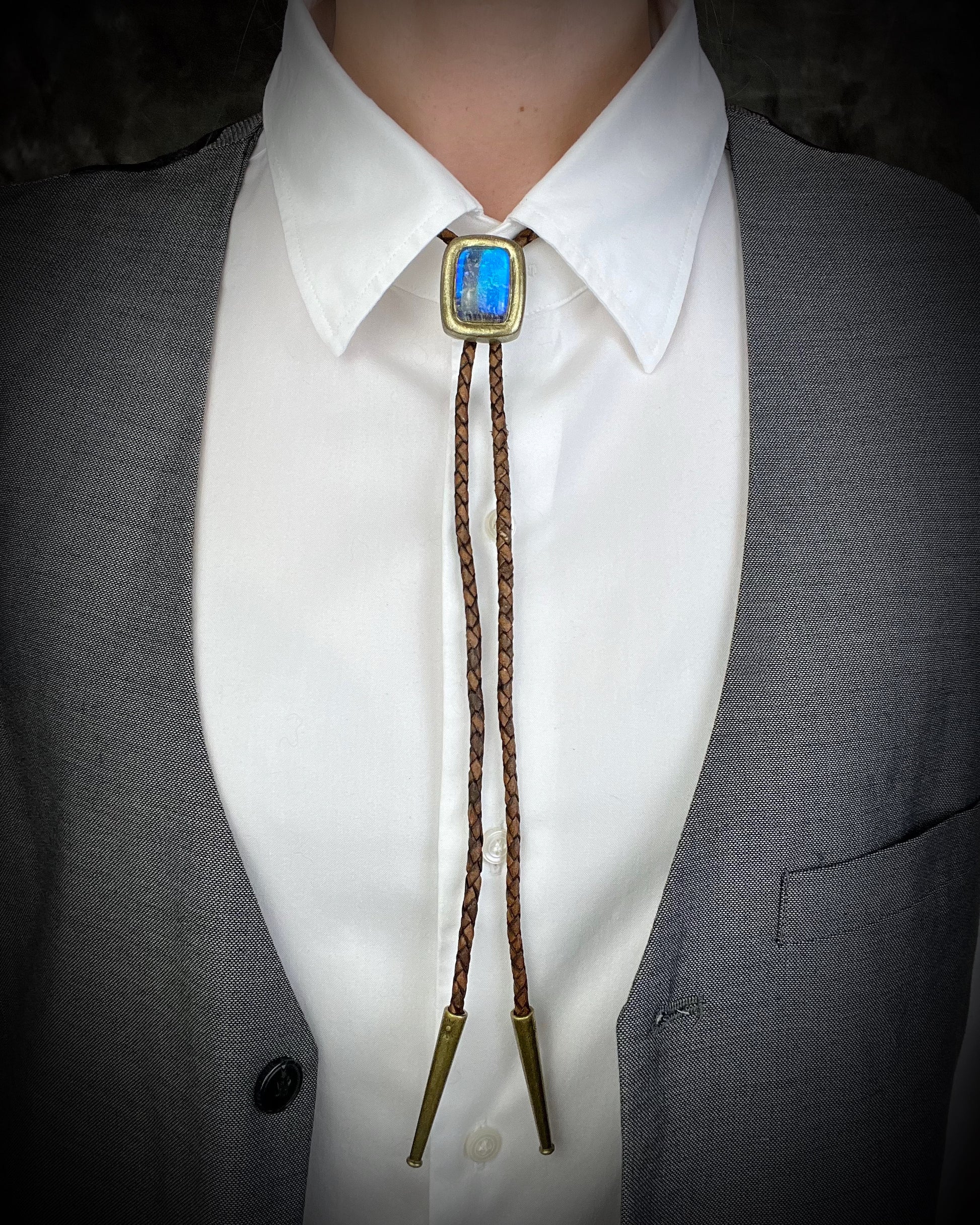 Labradorite and Quartz doublet gold bolo tie on brown leather – artisan crystal bolo necklace, mystical men’s bolo tie, handmade gemstone statement jewelry.