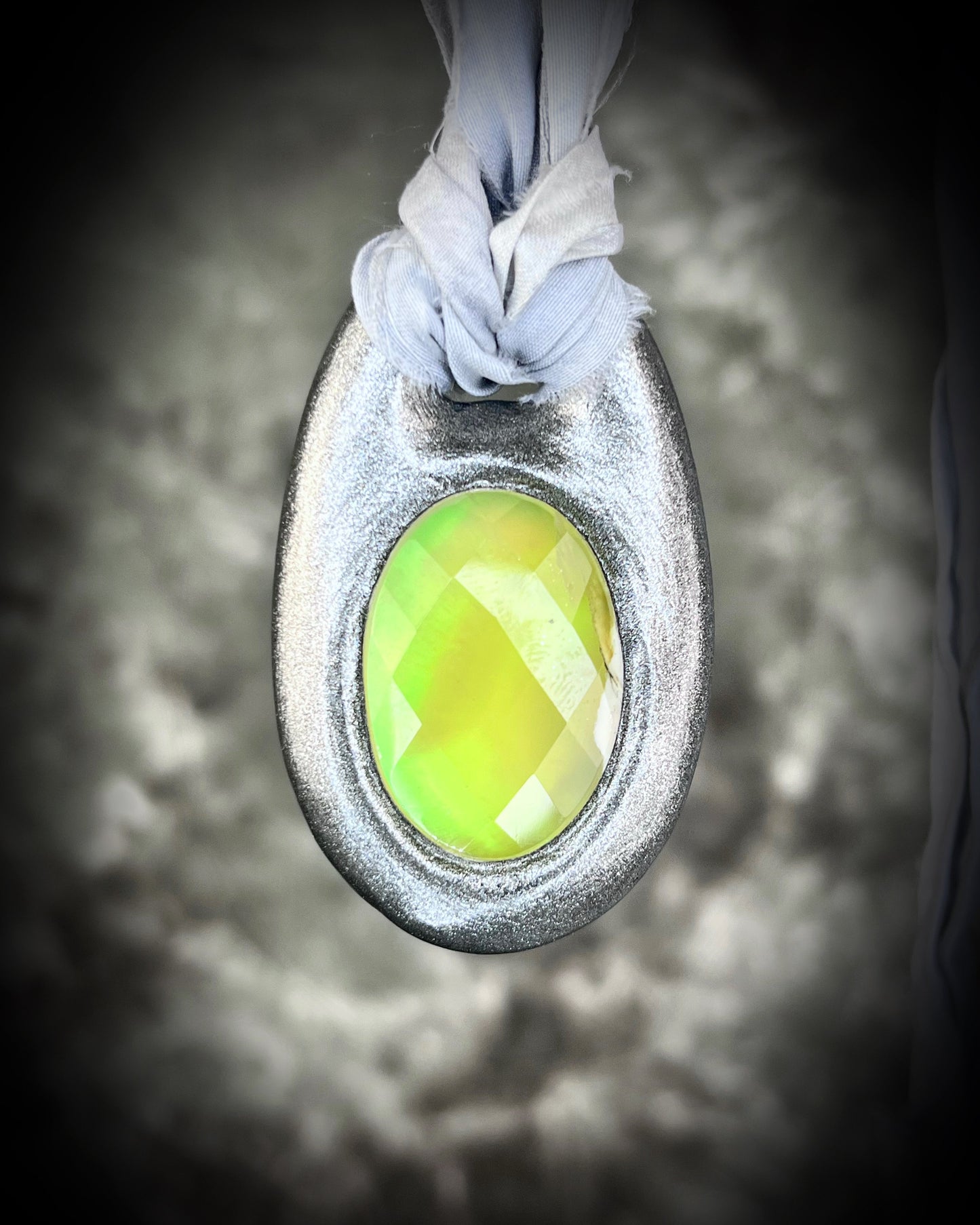 Lemon Prehnite dopamine dressing crystal healing talisman for 2025 summer adventures and joy!  Gemstone necklace on silver recycled silk for sustainable festival jewelry!