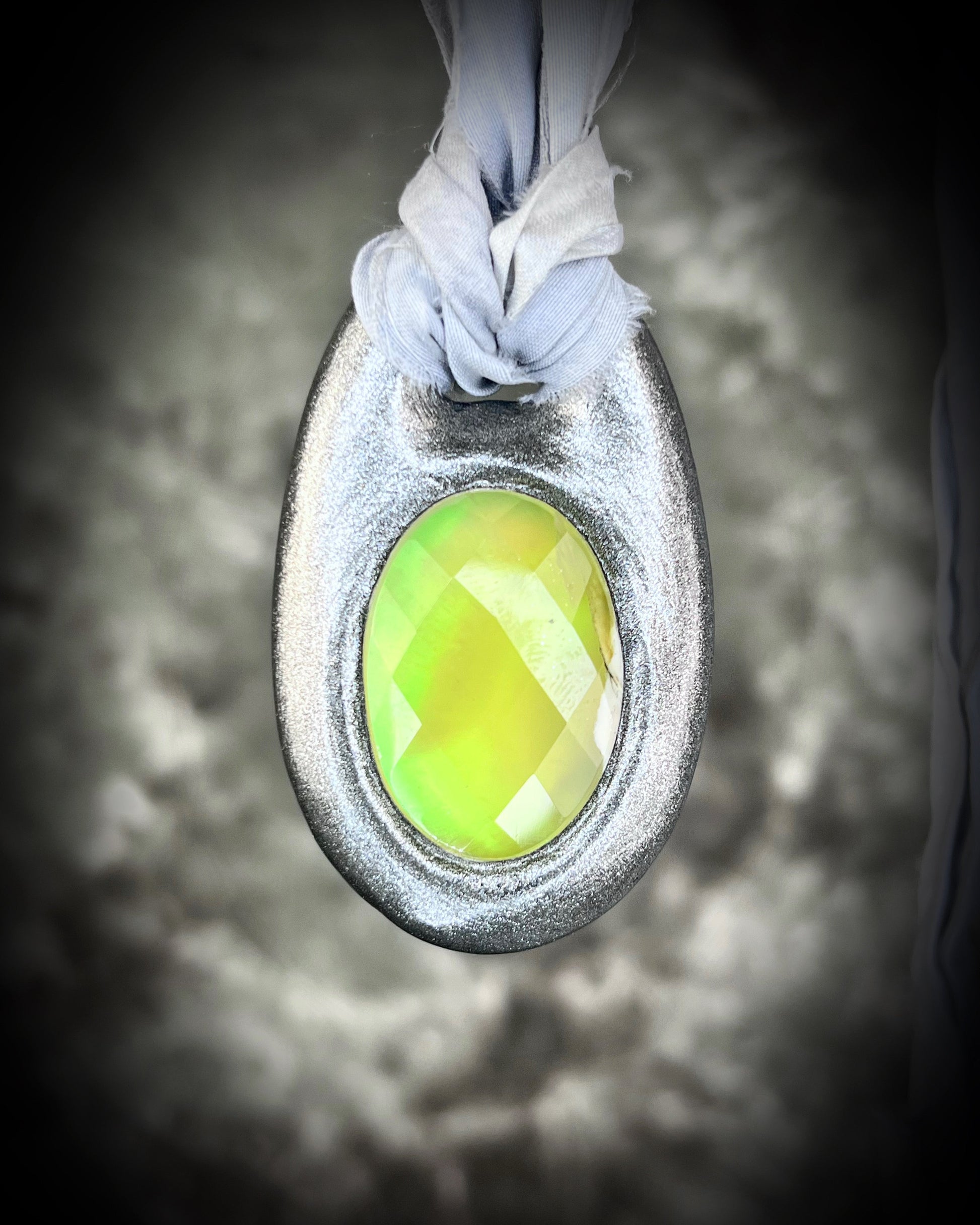 Lemon Prehnite dopamine dressing crystal healing talisman for 2025 summer adventures and joy!  Gemstone necklace on silver recycled silk for sustainable festival jewelry!