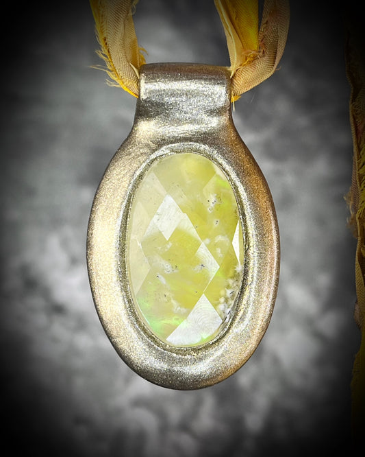 Druzy Prehnite and Opalescent Quartz Crystal Healing ,Handmade in the USA 2025 Talisman on recycled silk for a sustainable gift for her. Perfect as festival, travel jewelry or summer jewelry.