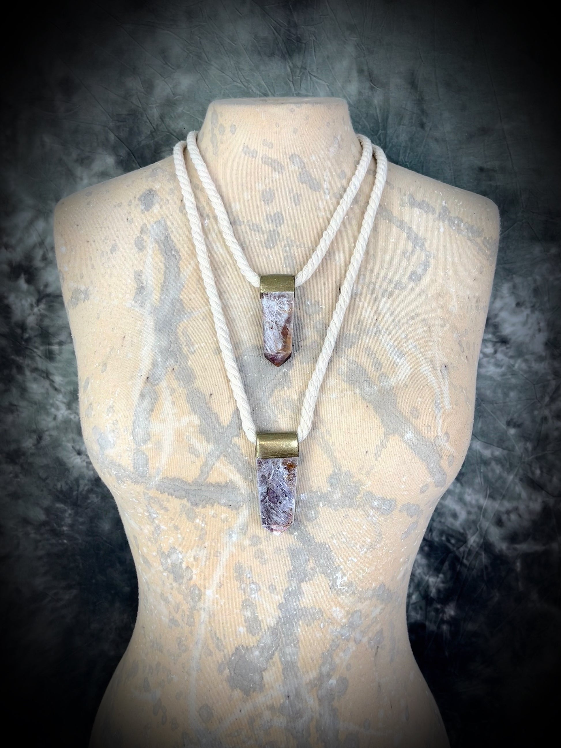 Handmade lepidolite anti-anxiety designer crystal necklace in a silver finish strung from grey cotton rope.  Perfect for pregnancy jewelry or meditation.