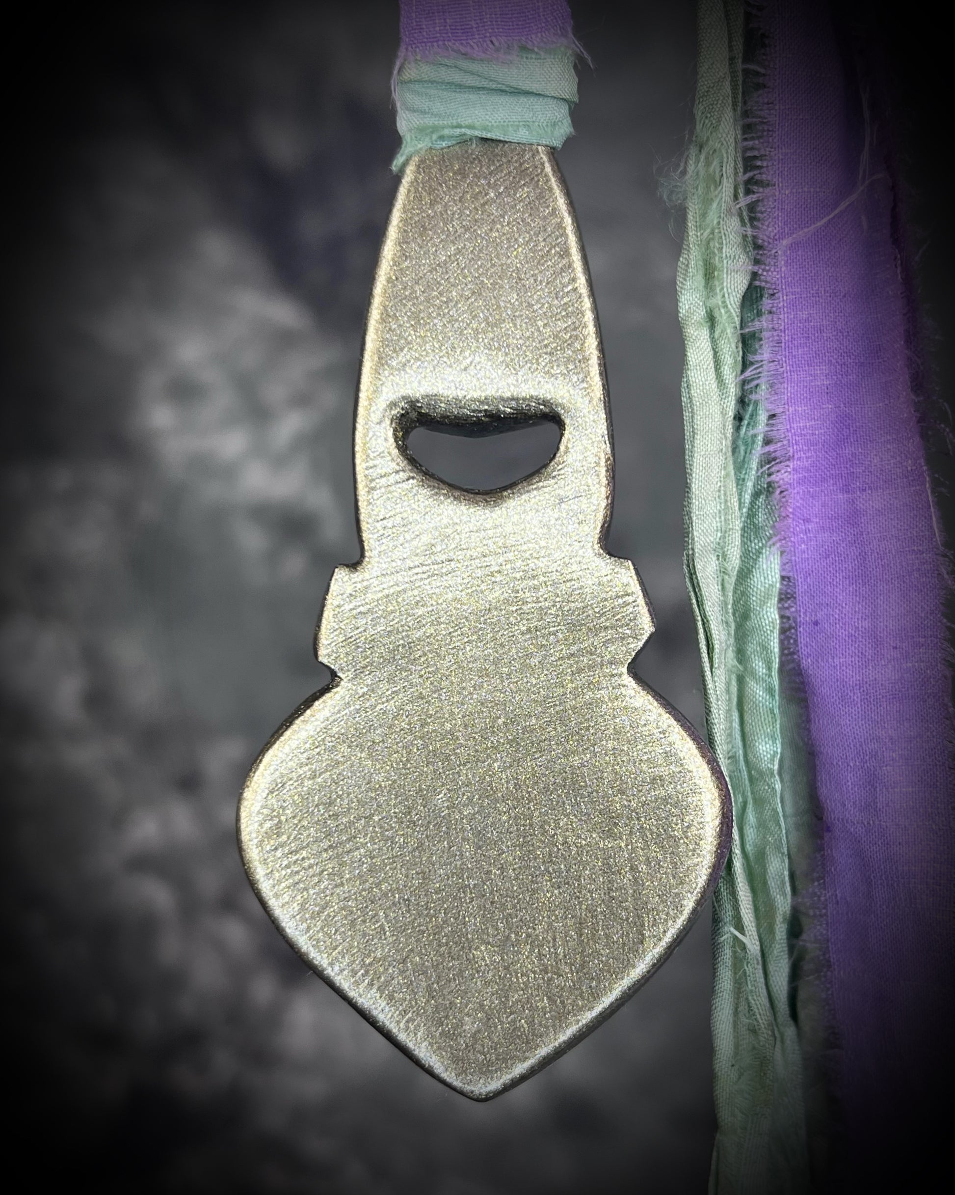 Libyan Desert Glass talisman with amethyst, prasiolite and lavender spinel on recycled silk, featuring shifting green, gold, pink and purple glow. Handmade by Become Spellbound.