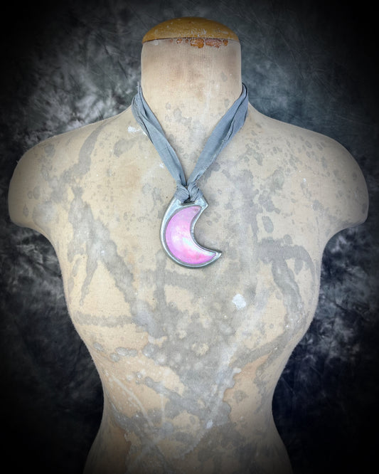 Luminous Crystal Healing pink quartz handmade moon pendant in silver finish with soft grey recycled silks!  Festival, Boho, High Vibe Spiritual Jewelry! 