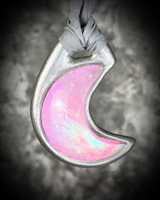 Luminous Crystal Healing pink quartz handmade moon pendant in silver finish with soft grey recycled silks!  Festival, Boho, High Vibe Spiritual Jewelry! 