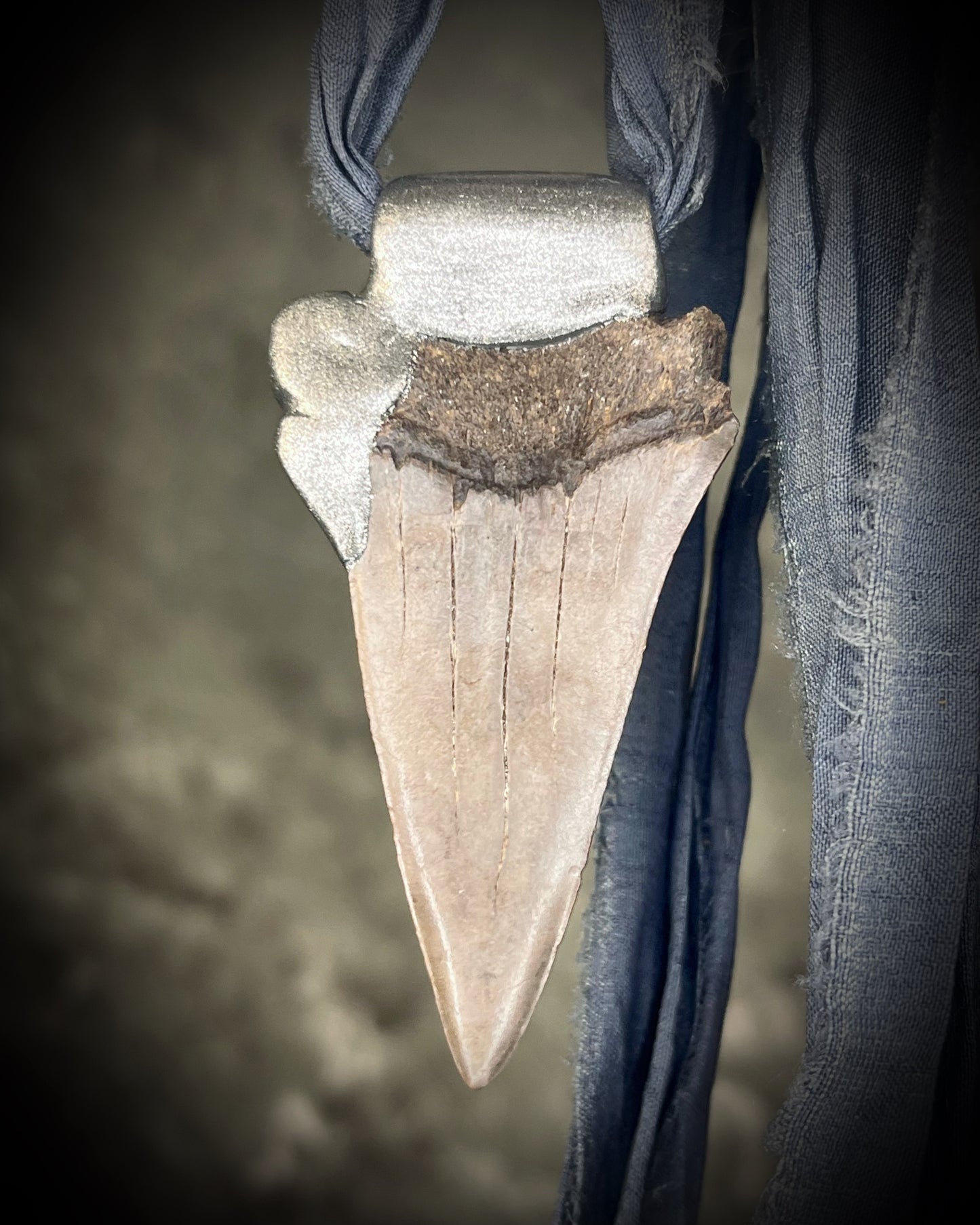 Mako shark tooth and opal fossil pendant on grey recycled silk. Back view